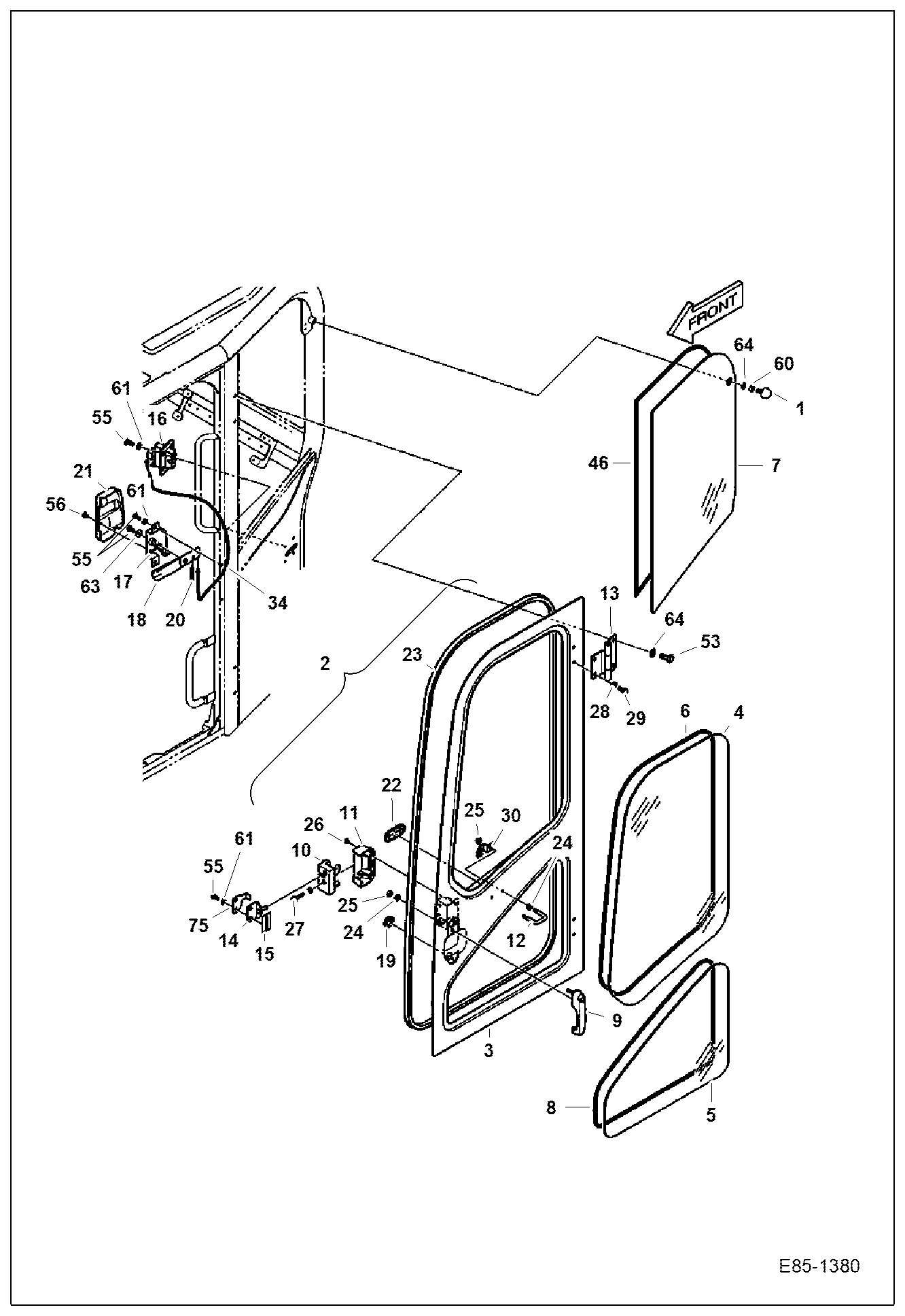 Схема запчастей Bobcat E63 - OPERATOR CAB (Door & Windows) MAIN FRAME