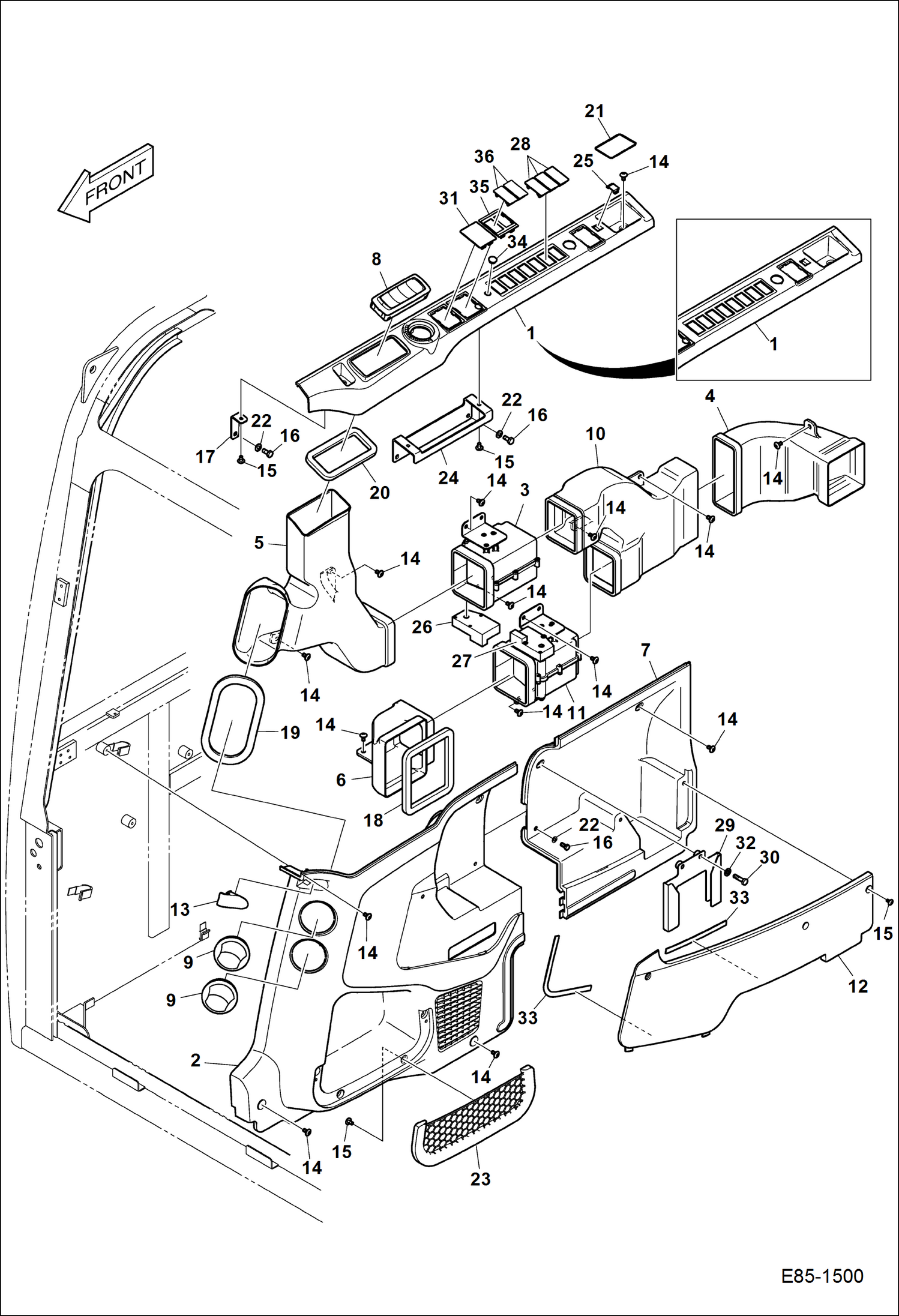 Схема запчастей Bobcat E62 - OPERATOR CAB (Side Cover & Ducts) MAIN FRAME