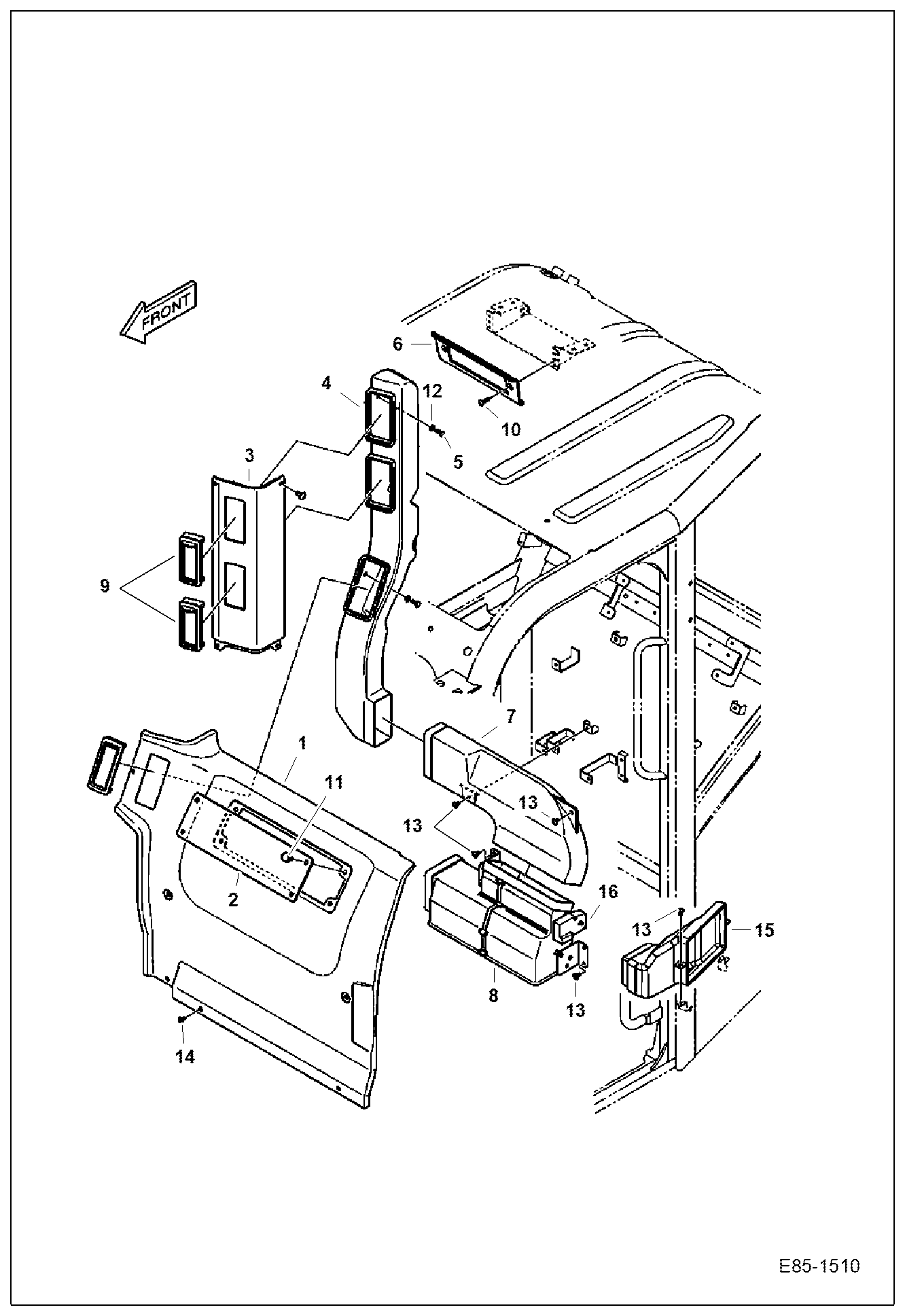 Схема запчастей Bobcat E62 - OPERATOR CAB (Rear Cover & Ducts) MAIN FRAME