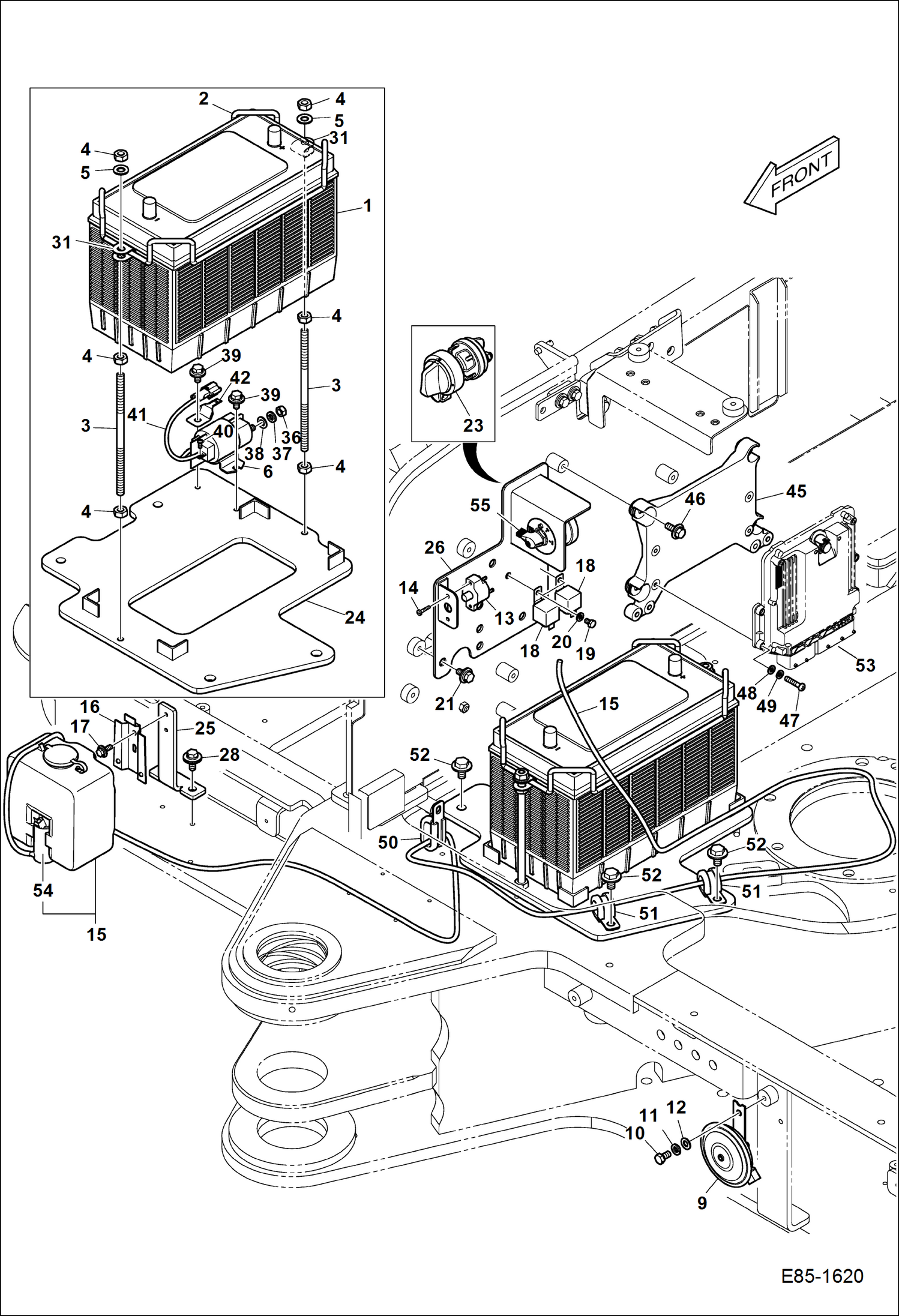 Схема запчастей Bobcat E85 - ELECTRICAL (Battery, Washer Pump, Horn, Relays) ELECTRICAL SYSTEM