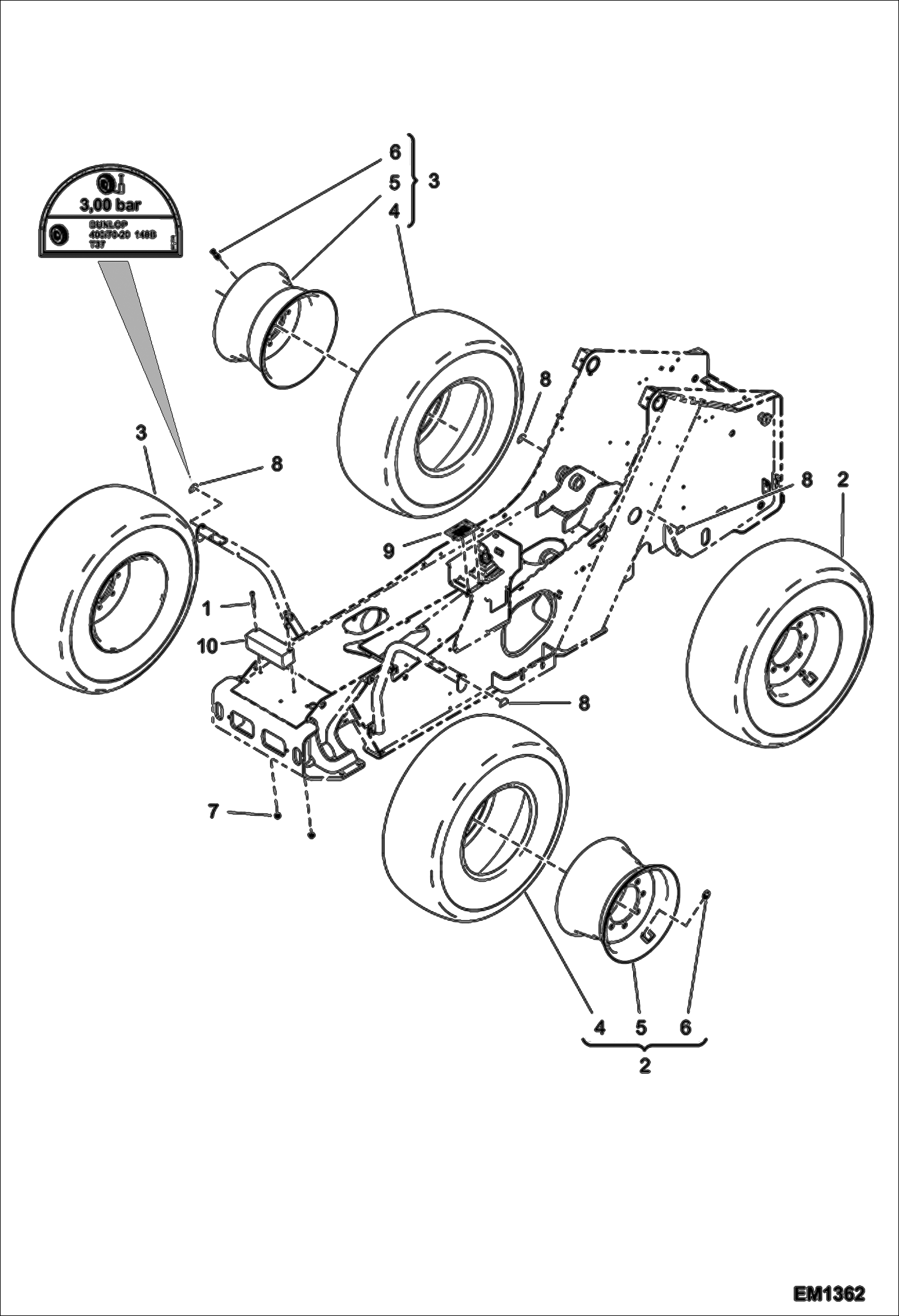 Схема запчастей Bobcat T2556 - WHEELS (Dunlop 400/70-20 140B) ACCESSORIES & OPTIONS