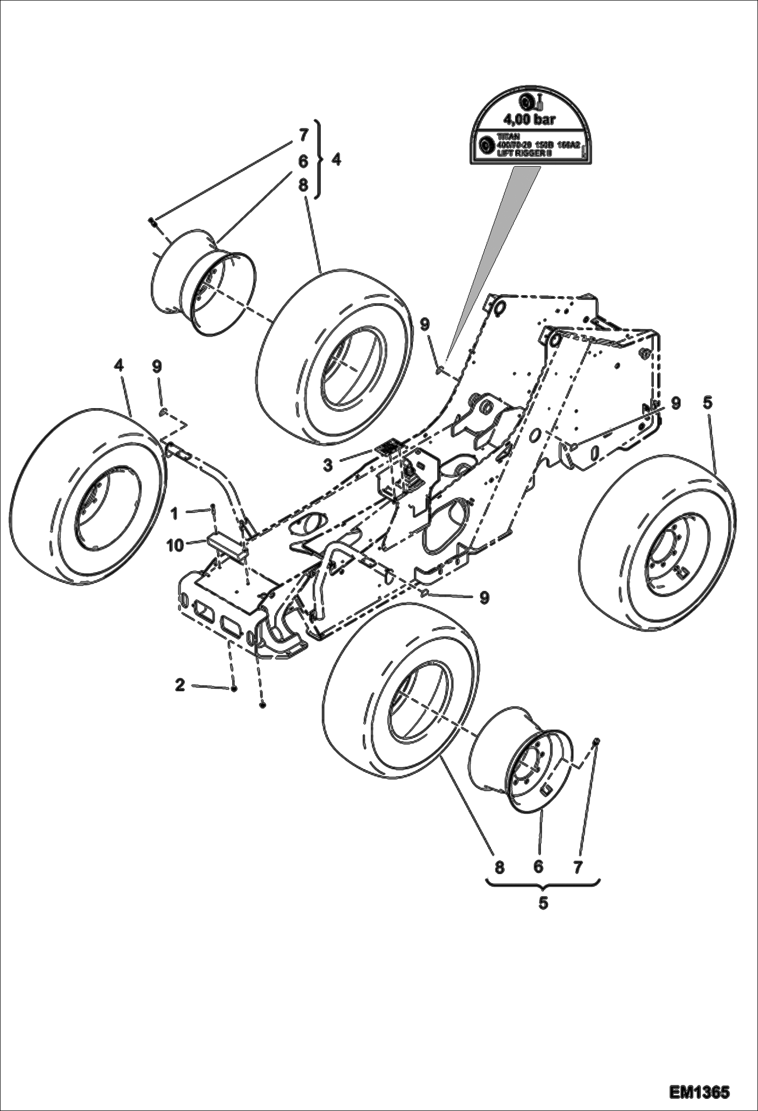 Схема запчастей Bobcat T2556 - WHEELS (Titan 400/70-20 150B) ACCESSORIES & OPTIONS