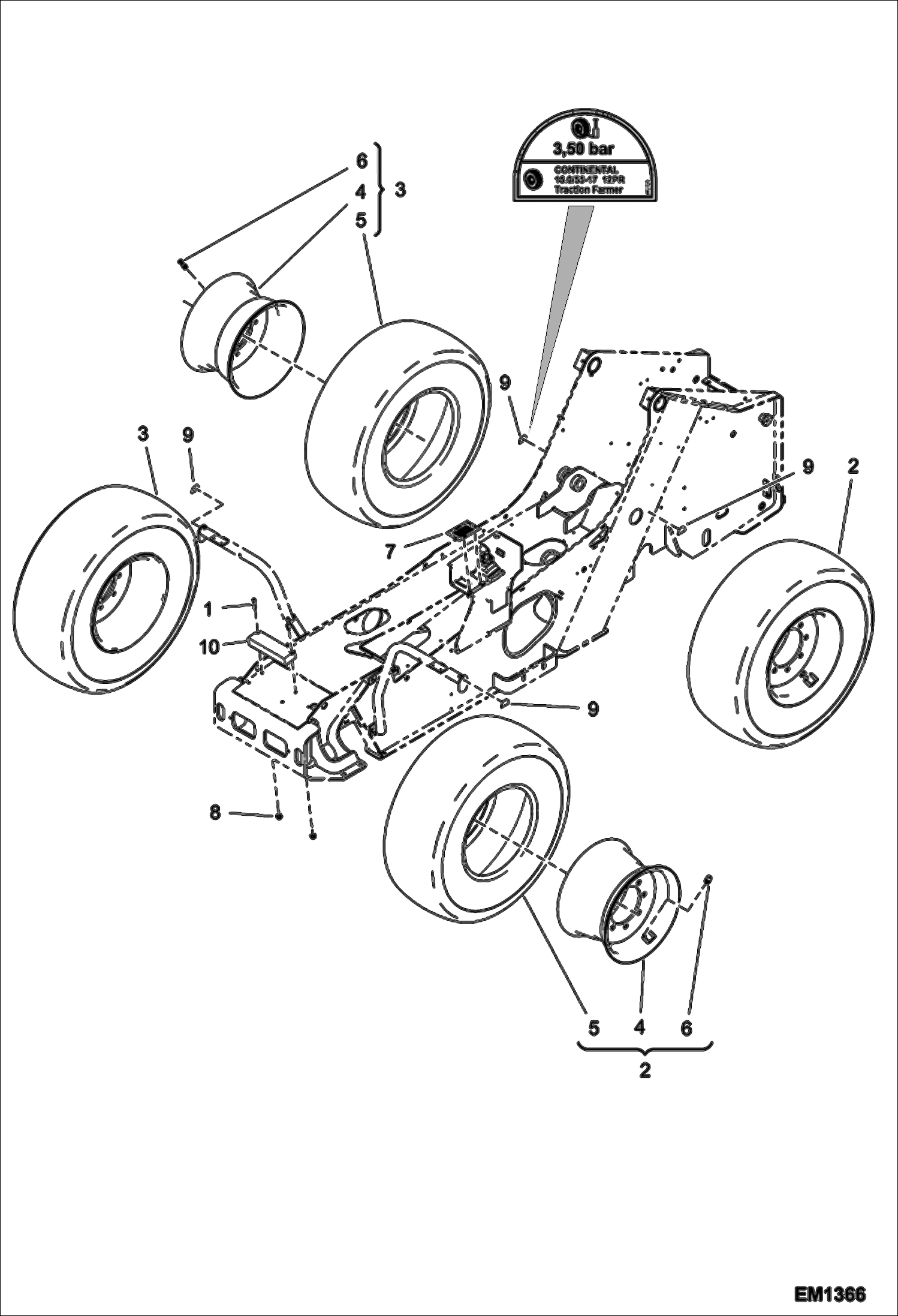 Схема запчастей Bobcat T2566 - WHEELS (Continental 15.0/55-17) ACCESSORIES & OPTIONS