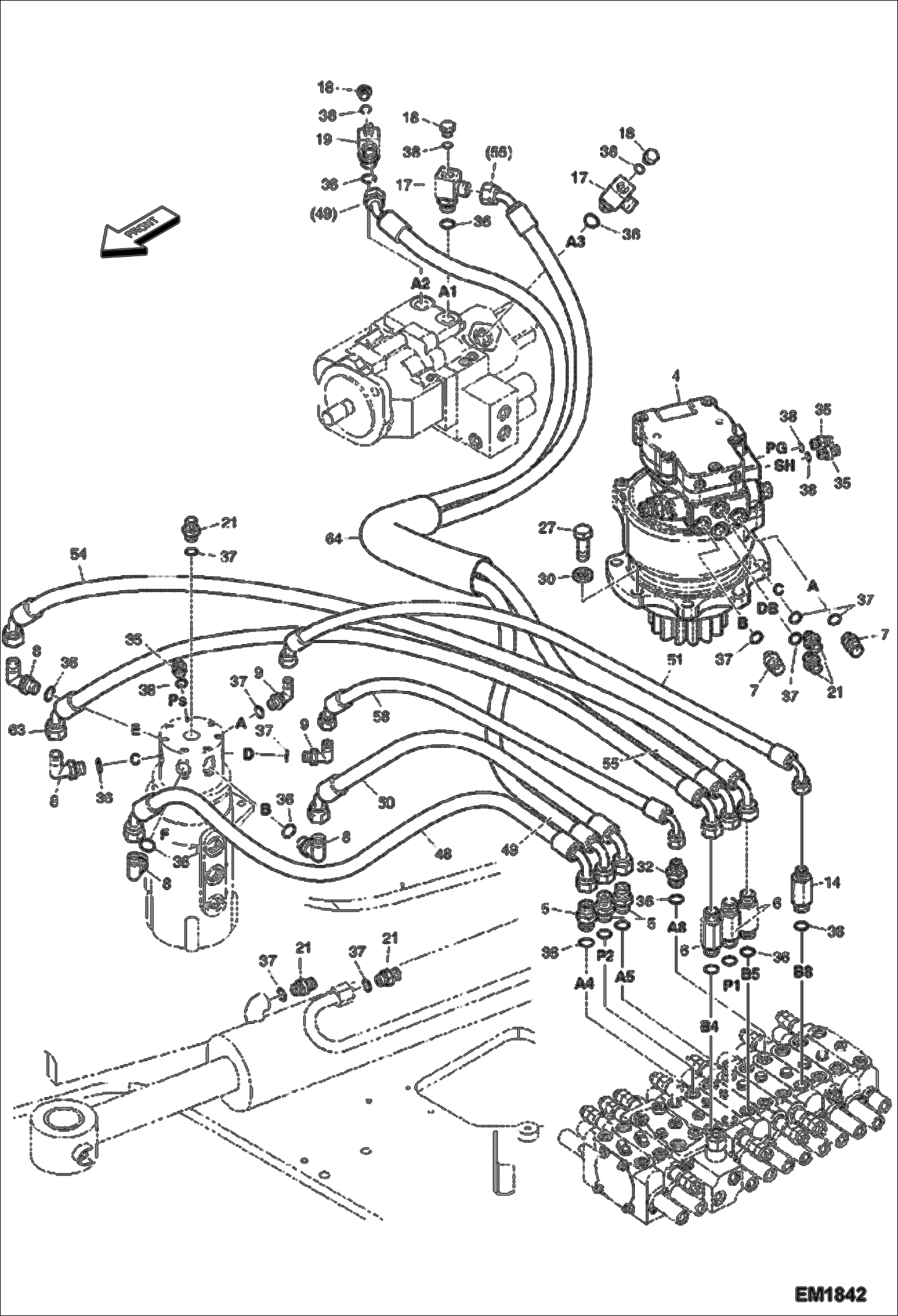 Схема запчастей Bobcat E60 - HYDRAULIC CIRCUITRY (Upper/Travel/Blade) (Slew Motor) HYDRAULIC SYSTEM