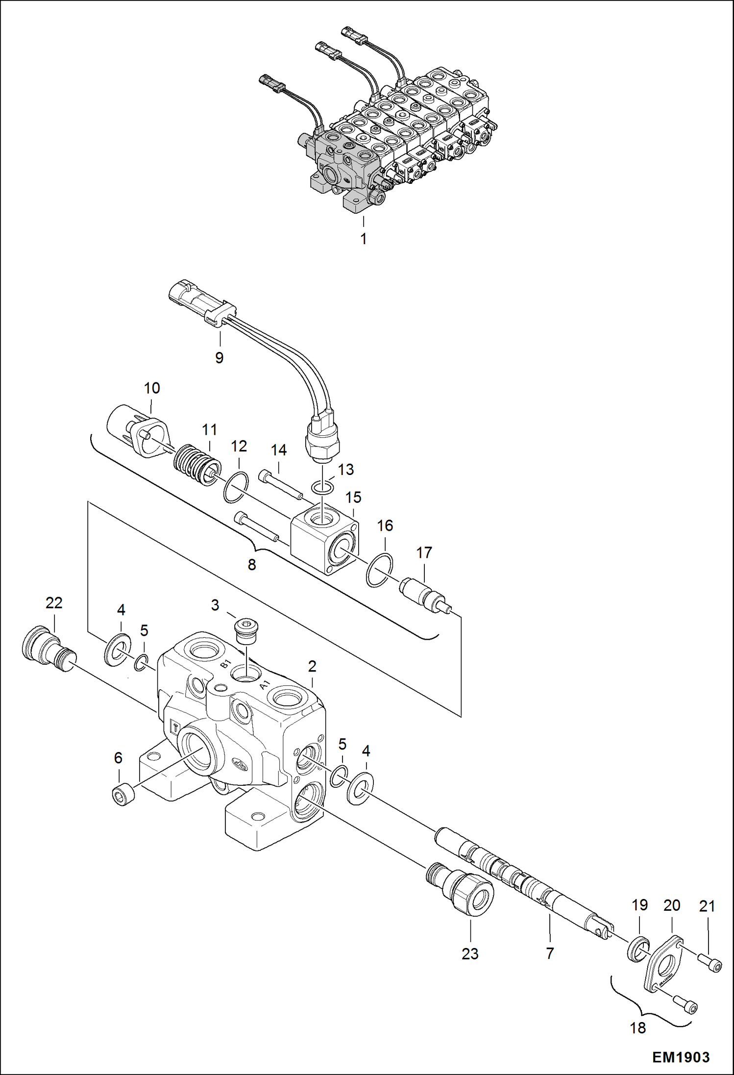 Схема запчастей Bobcat 321 - VALVE SECTION (RH Travel) HYDRAULIC SYSTEM