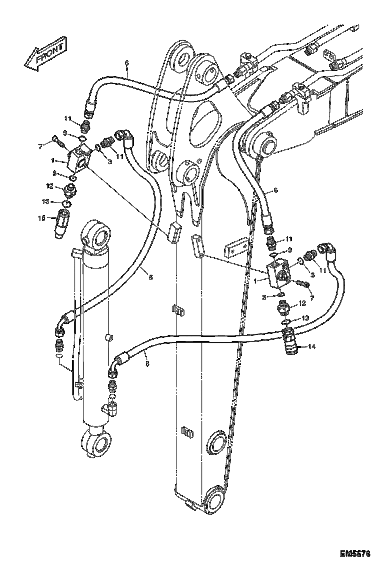 Схема запчастей Bobcat E60 - HYDRAULIC CIRCUITRY (Arm 1.48 m) (3rd Auxiliary/Clamshell) (EMEA) HYDRAULIC SYSTEM