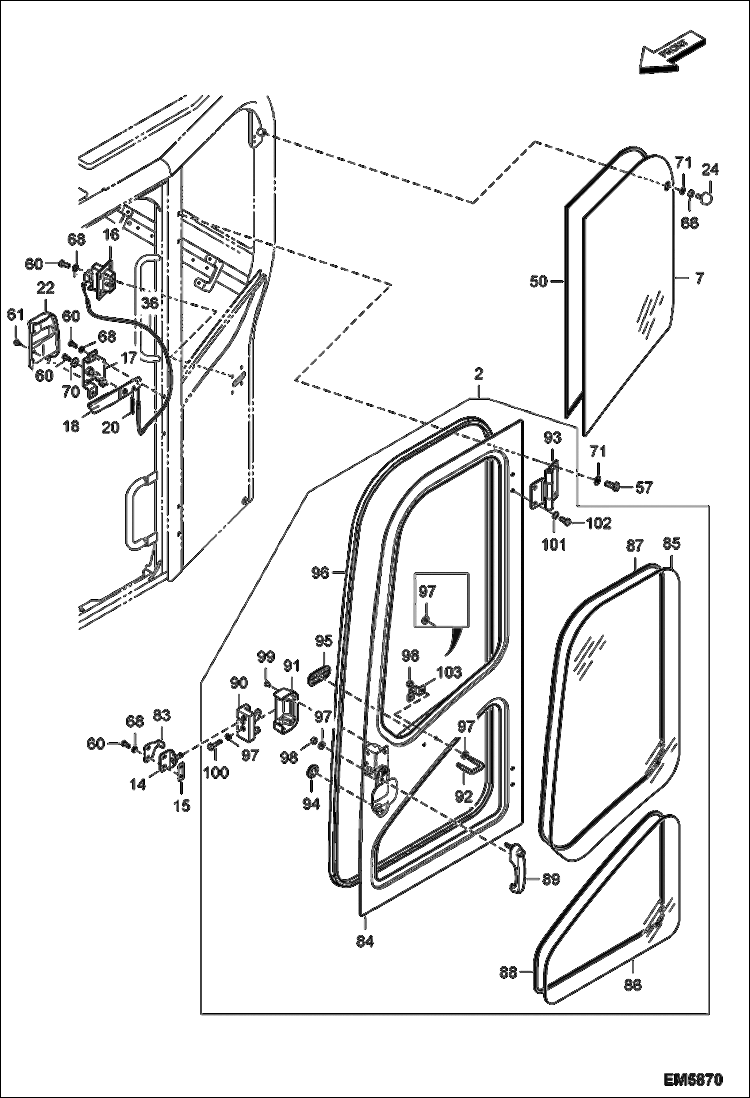 Схема запчастей Bobcat E60 - OPERATOR CAB (Door & Windows) MAIN FRAME