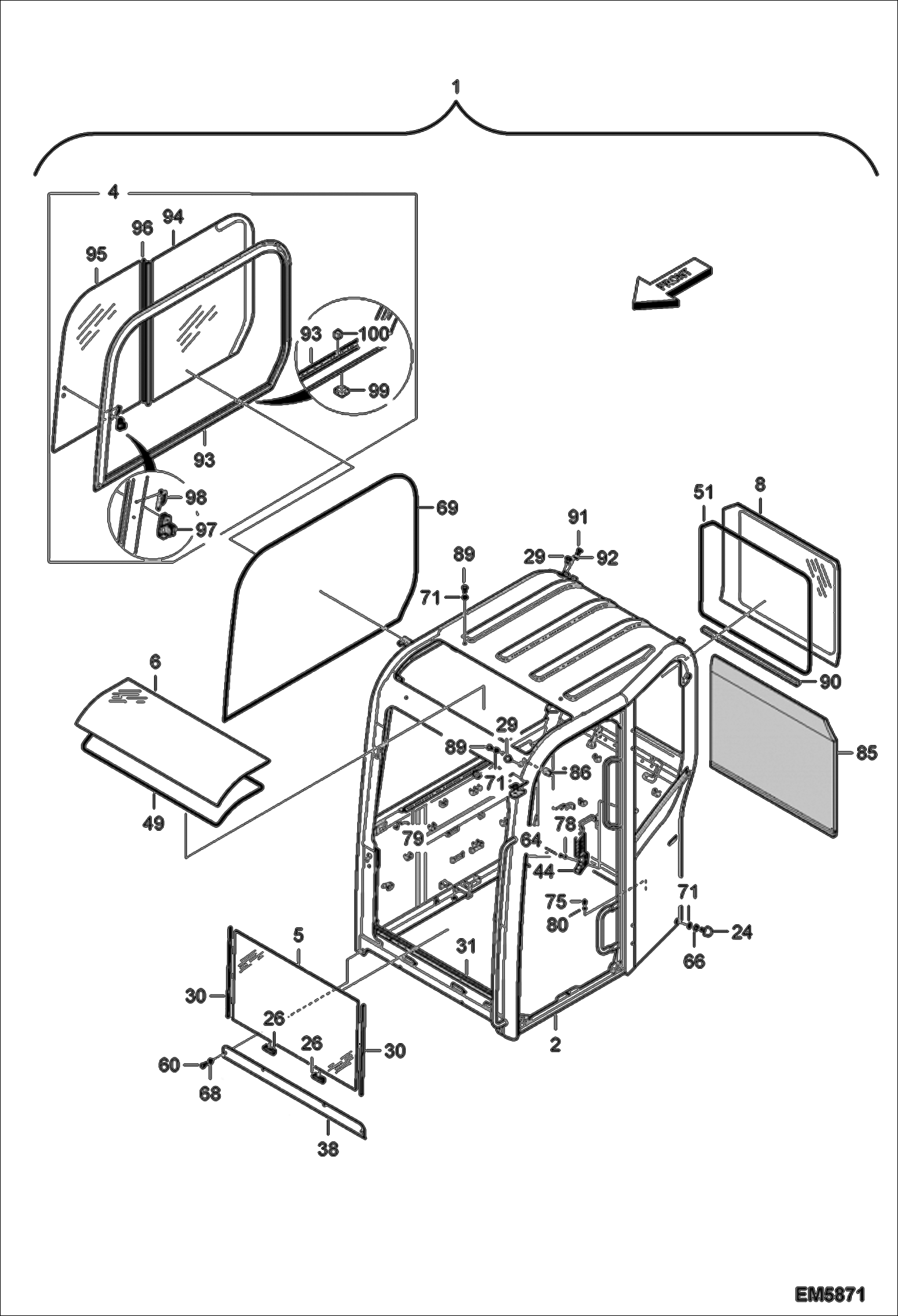 Схема запчастей Bobcat E60 - OPERATOR CAB (Windows) MAIN FRAME