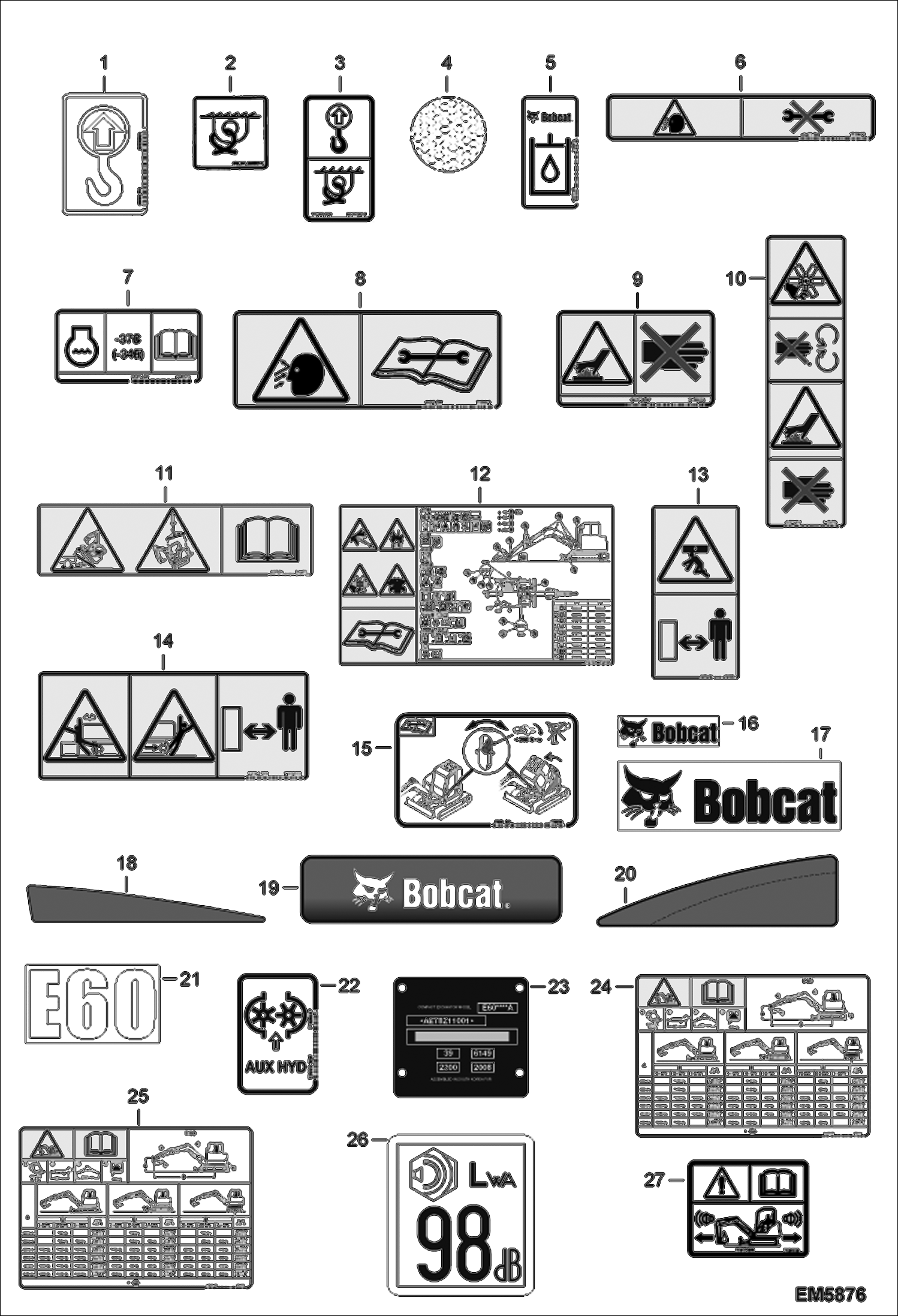 Схема запчастей Bobcat E60 - DECALS (Outside) (EMEA) ACCESSORIES & OPTIONS