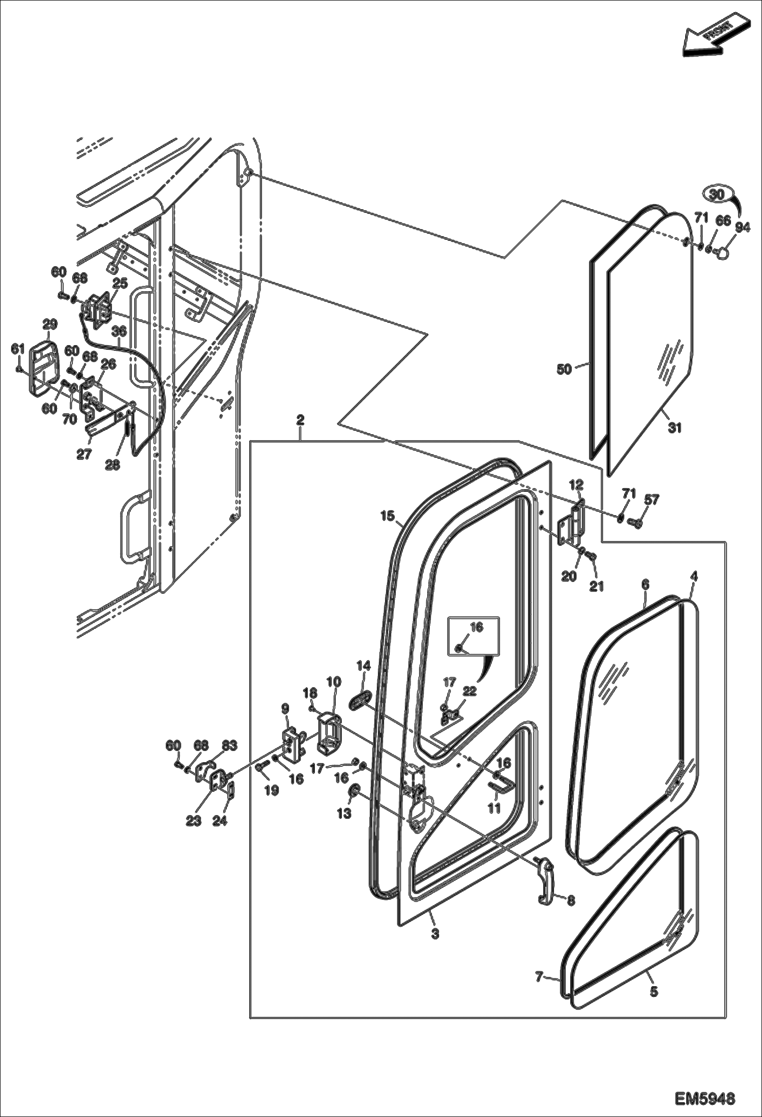 Схема запчастей Bobcat E80 - OPERATOR CAB (Door & Windows) MAIN FRAME