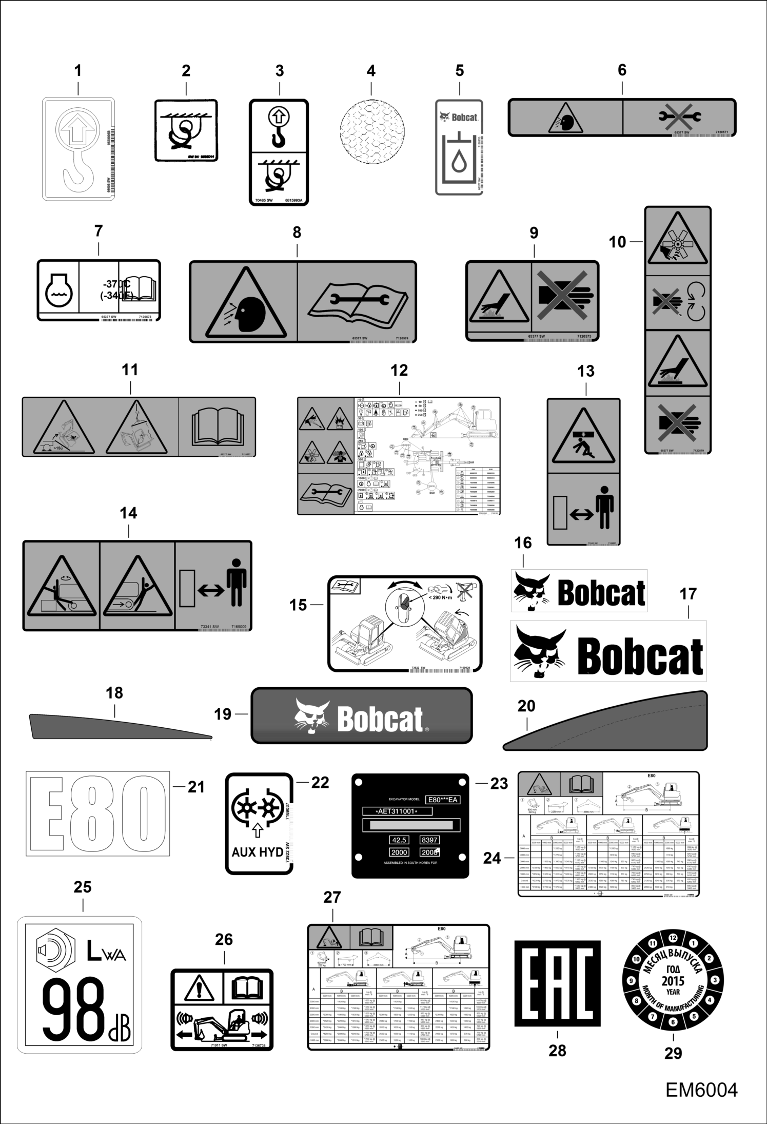 Схема запчастей Bobcat E80 - DECALS (Outside) (EMEA) ACCESSORIES & OPTIONS