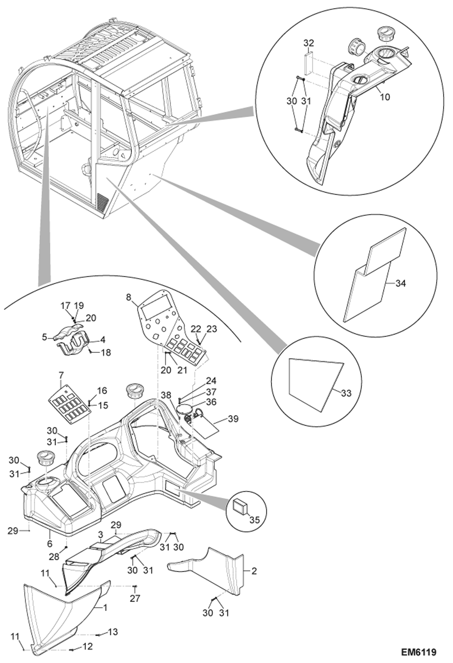 Схема запчастей Bobcat TR40250 - OPERATOR CAB (Interior Cowling) MAIN FRAME