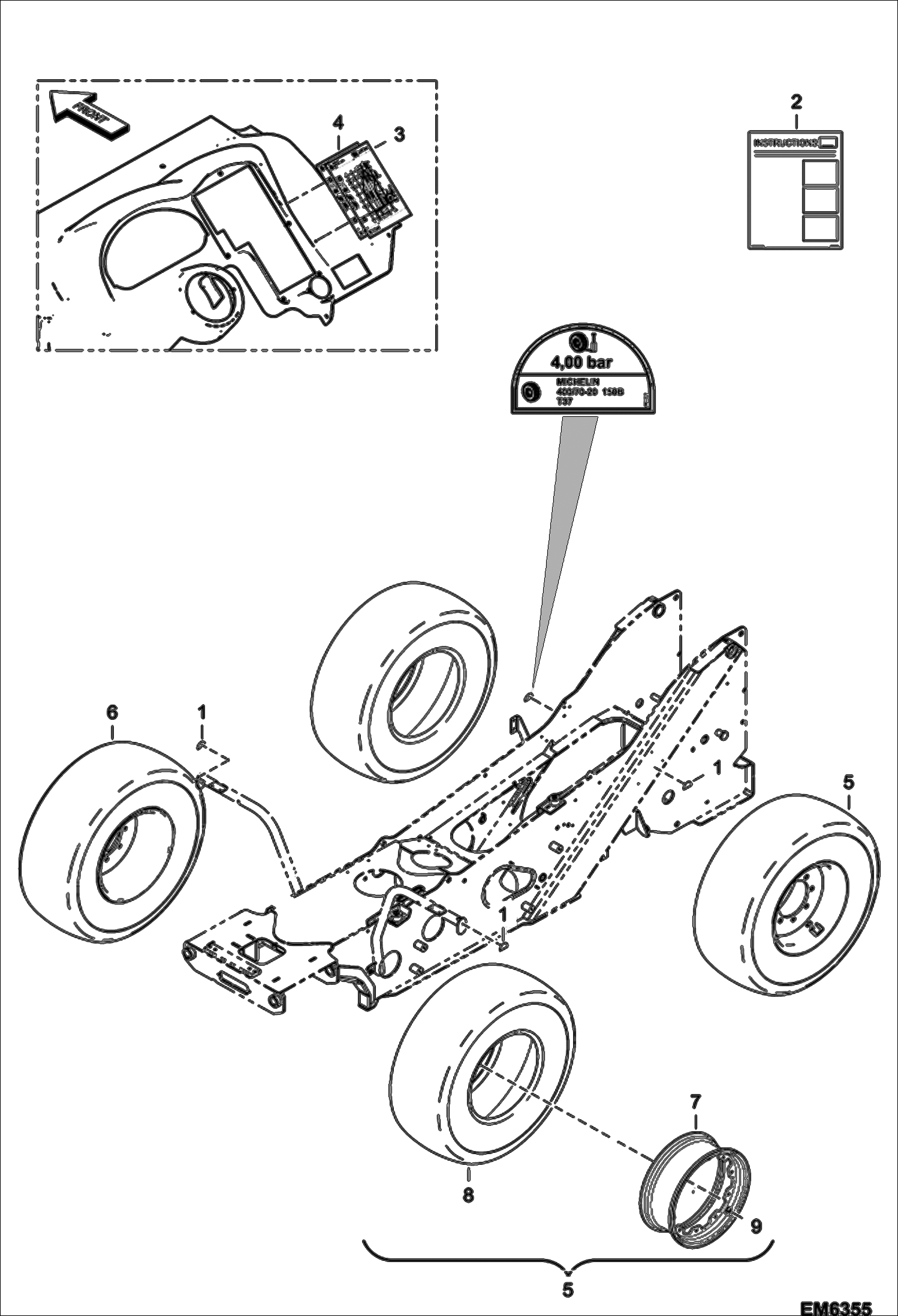 Схема запчастей Bobcat T40140 - WHEELS (Michlin 400/80-24) (For Container Shipped Machines Australian version)(Variable Track) ACCESSORIES & OPTIONS