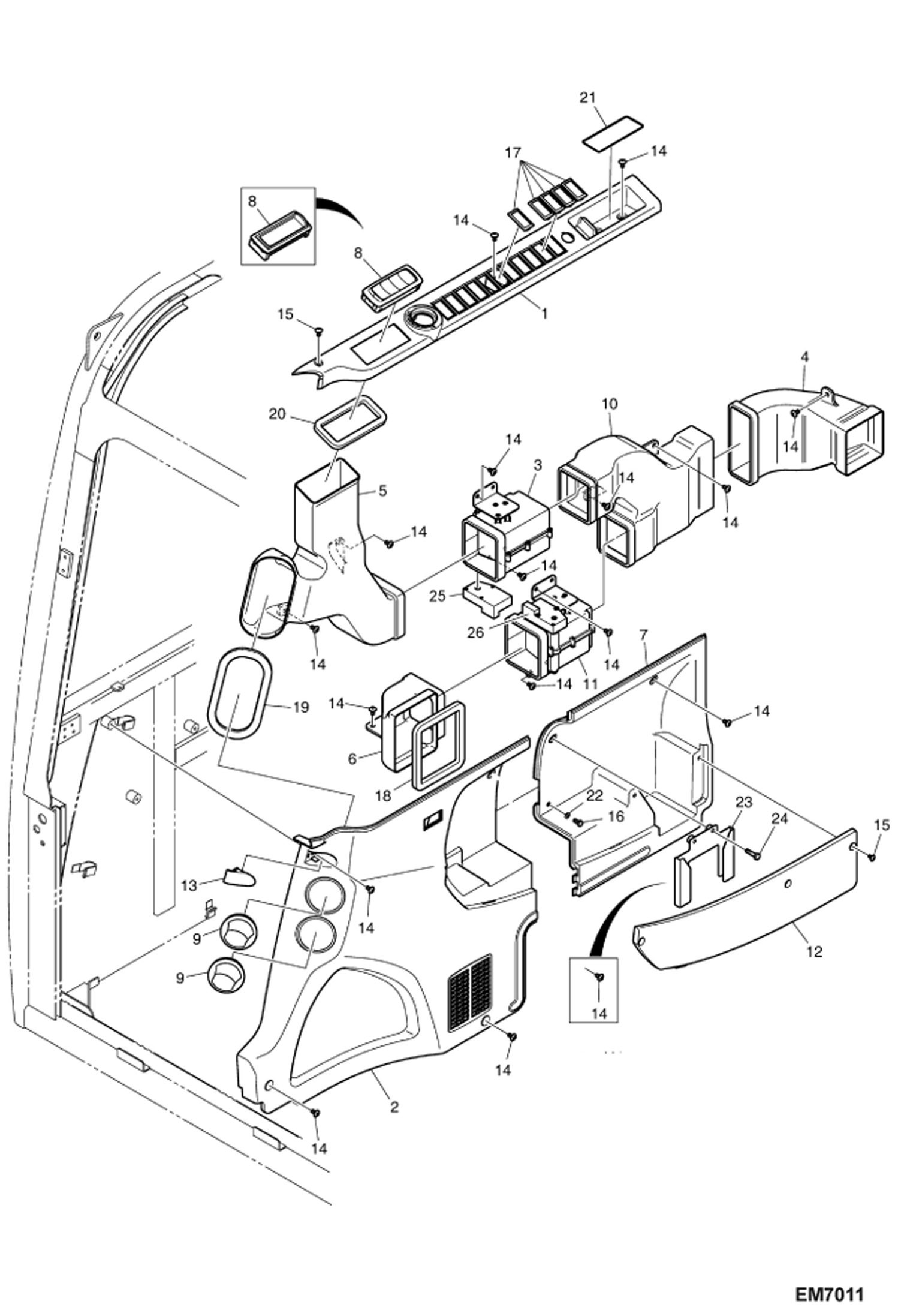 Схема запчастей Bobcat E80 - AIR CONDITIONING (Side Cover & Ducts) MAIN FRAME