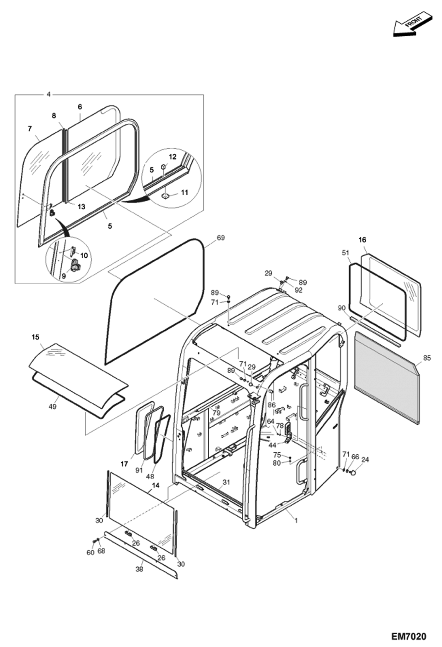 Схема запчастей Bobcat E80 - OPERATOR CAB (Windows) MAIN FRAME