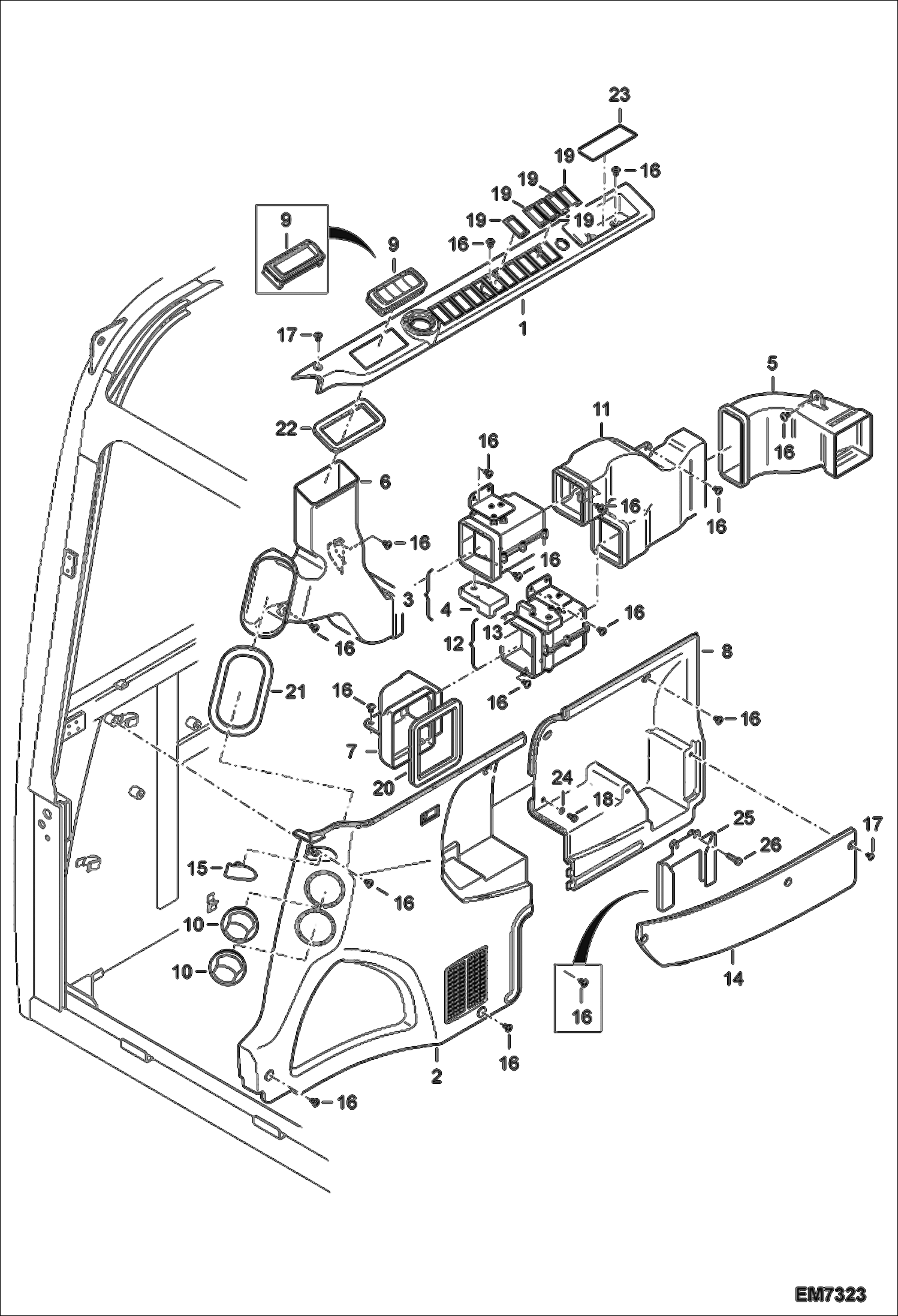 Схема запчастей Bobcat E55W - AIR CONDITIONING (Side Covers & Ducts) MAIN FRAME