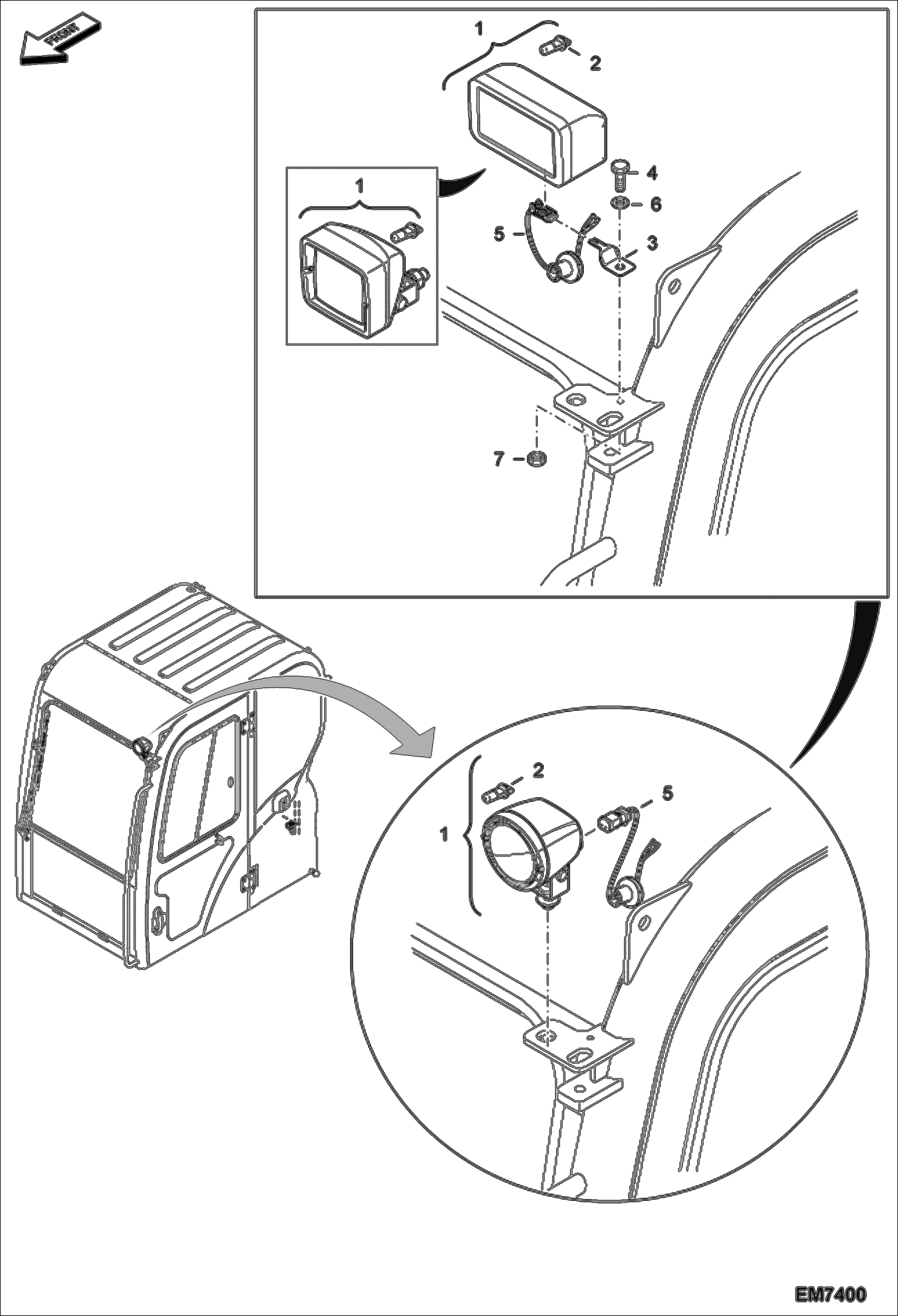 Схема запчастей Bobcat E55W - CAB WORK LIGHT MAIN FRAME