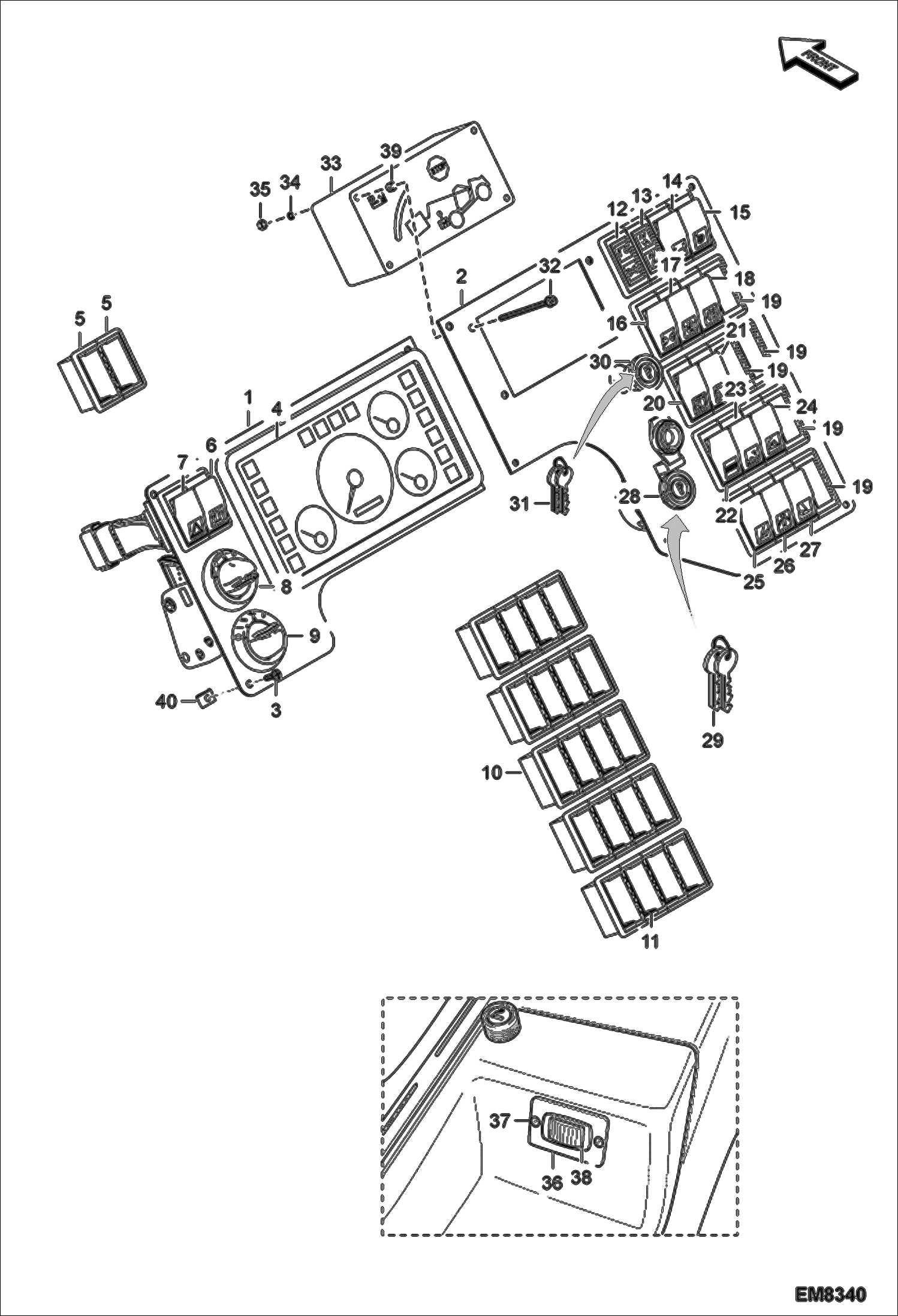 Схема запчастей Bobcat T40140 - CONTROL PANEL SWITCHES MAIN FRAME