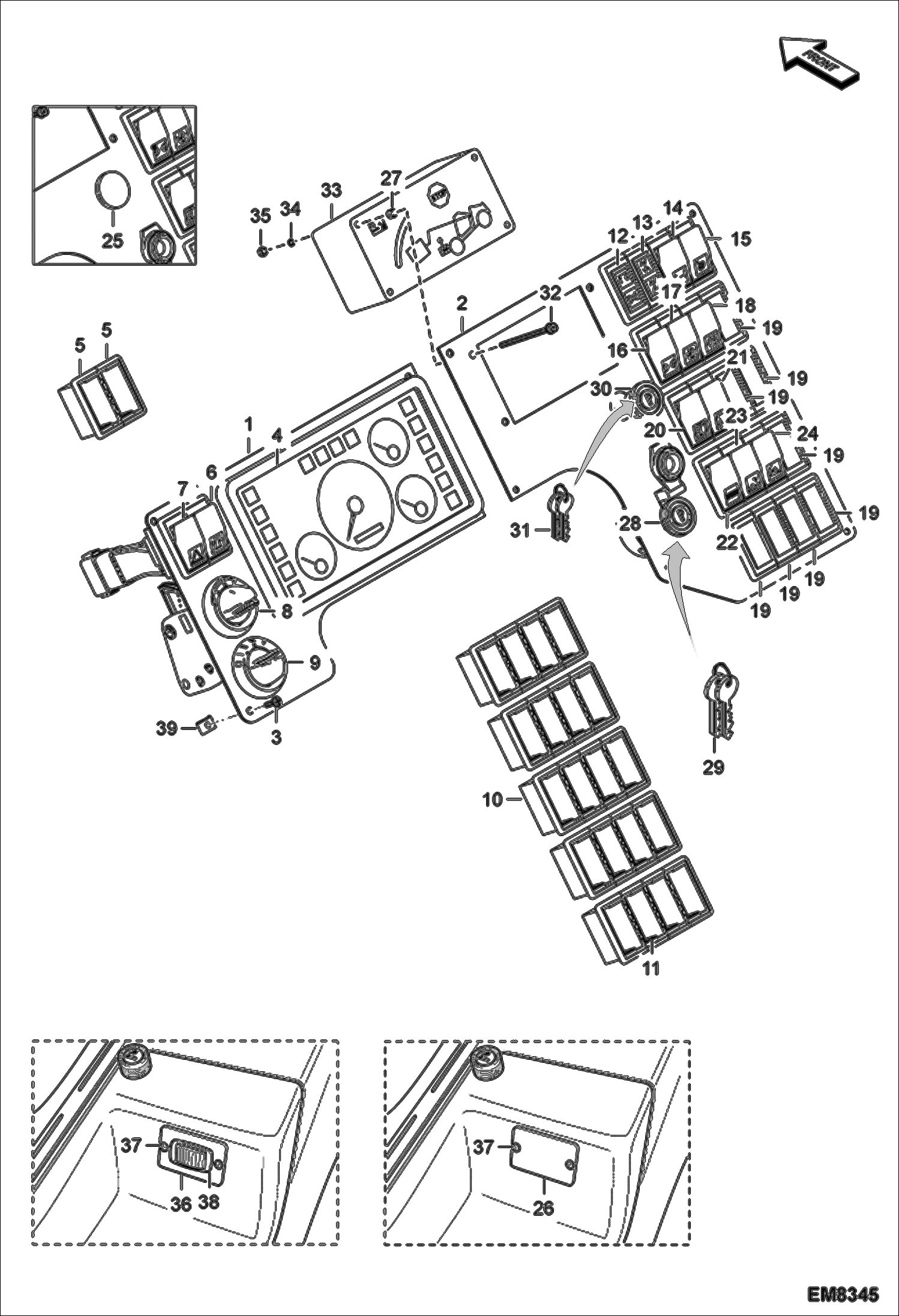 Схема запчастей Bobcat T3571 - CONTROL PANEL SWITCHES MAIN FRAME