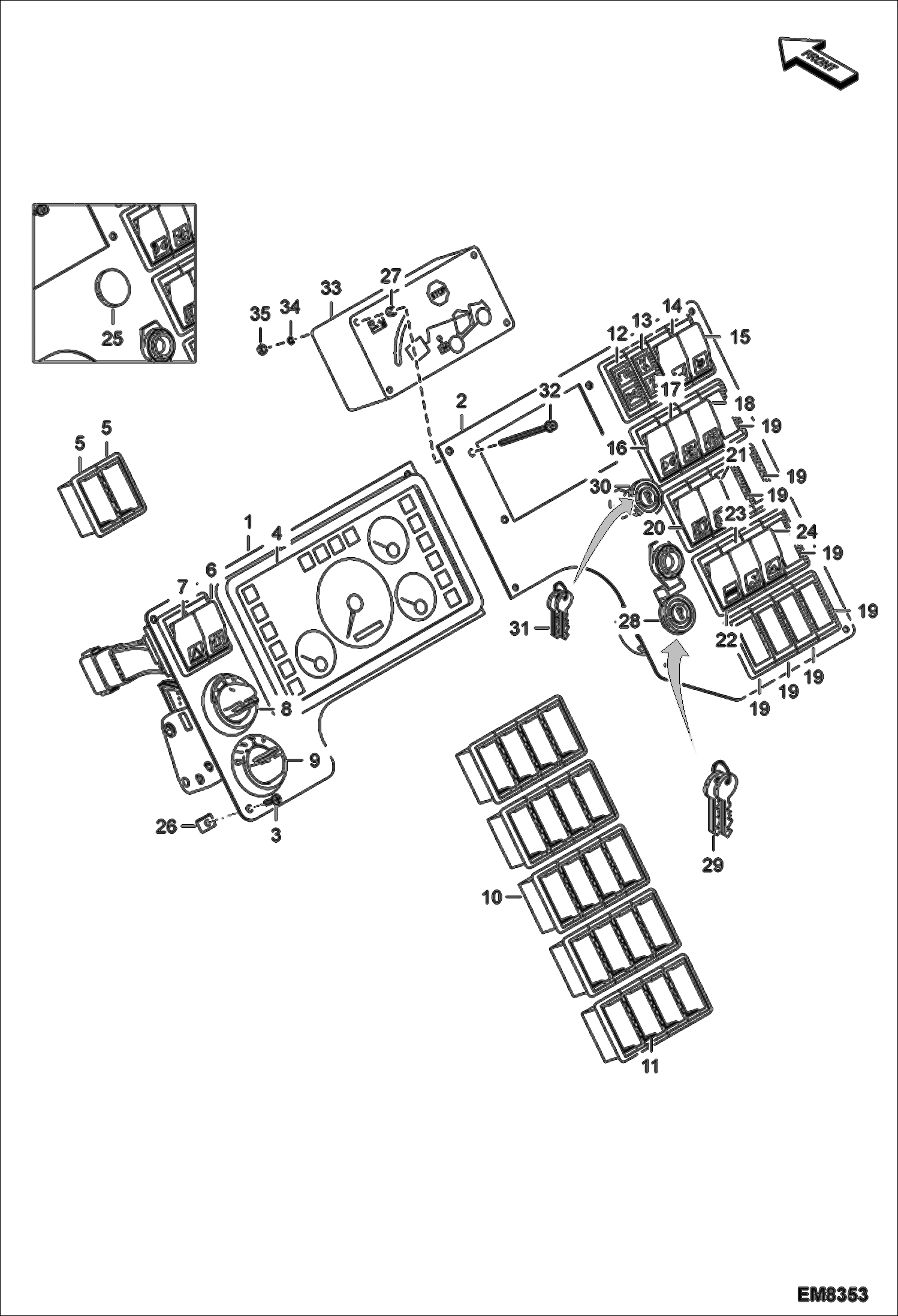 Схема запчастей Bobcat T2556 - CONTROL PANEL SWITCHES MAIN FRAME