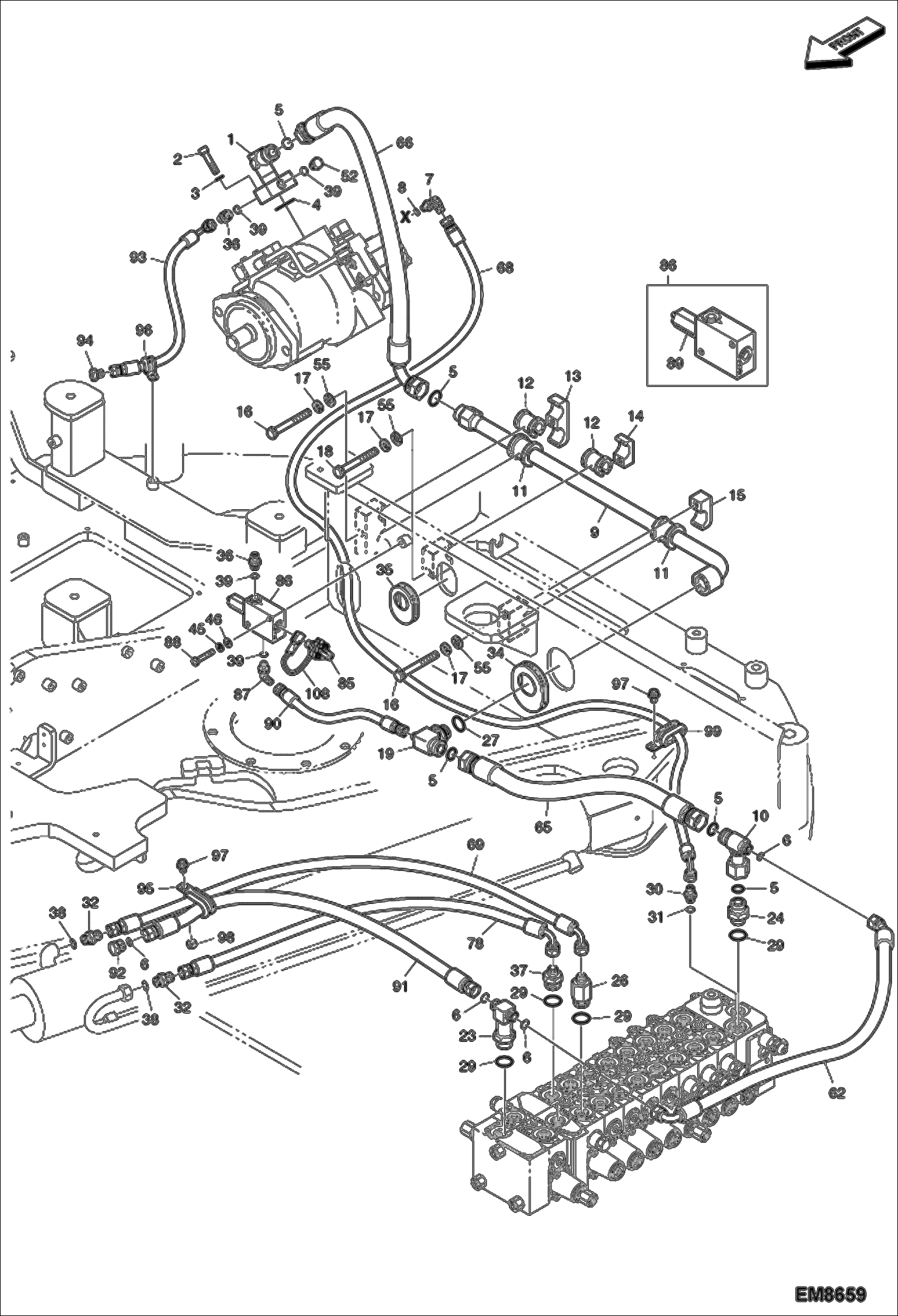 Схема запчастей Bobcat E80 - HYDRAULIC CIRCUITRY (Upper) (Swing Cylinder & Valve) HYDRAULIC SYSTEM