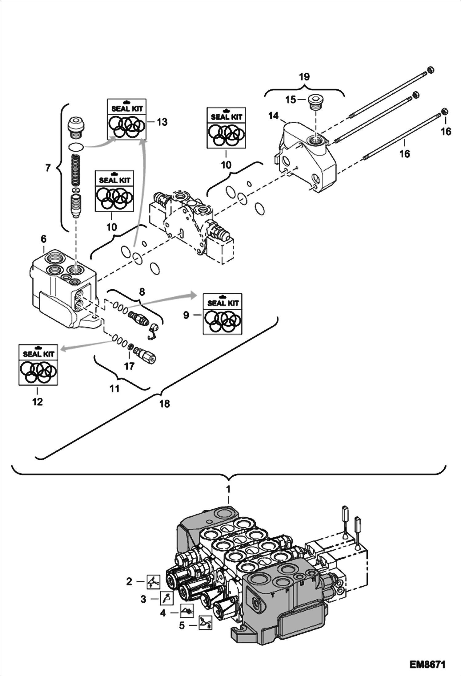 Схема запчастей Bobcat V518 - HYDRAULIC CONTROL VALVE (Assembly) (Vendor partnumber 08 404 947) (S/N A8G12048 & Above, A8G912000 & Above) HYDRAULIC SYSTEM