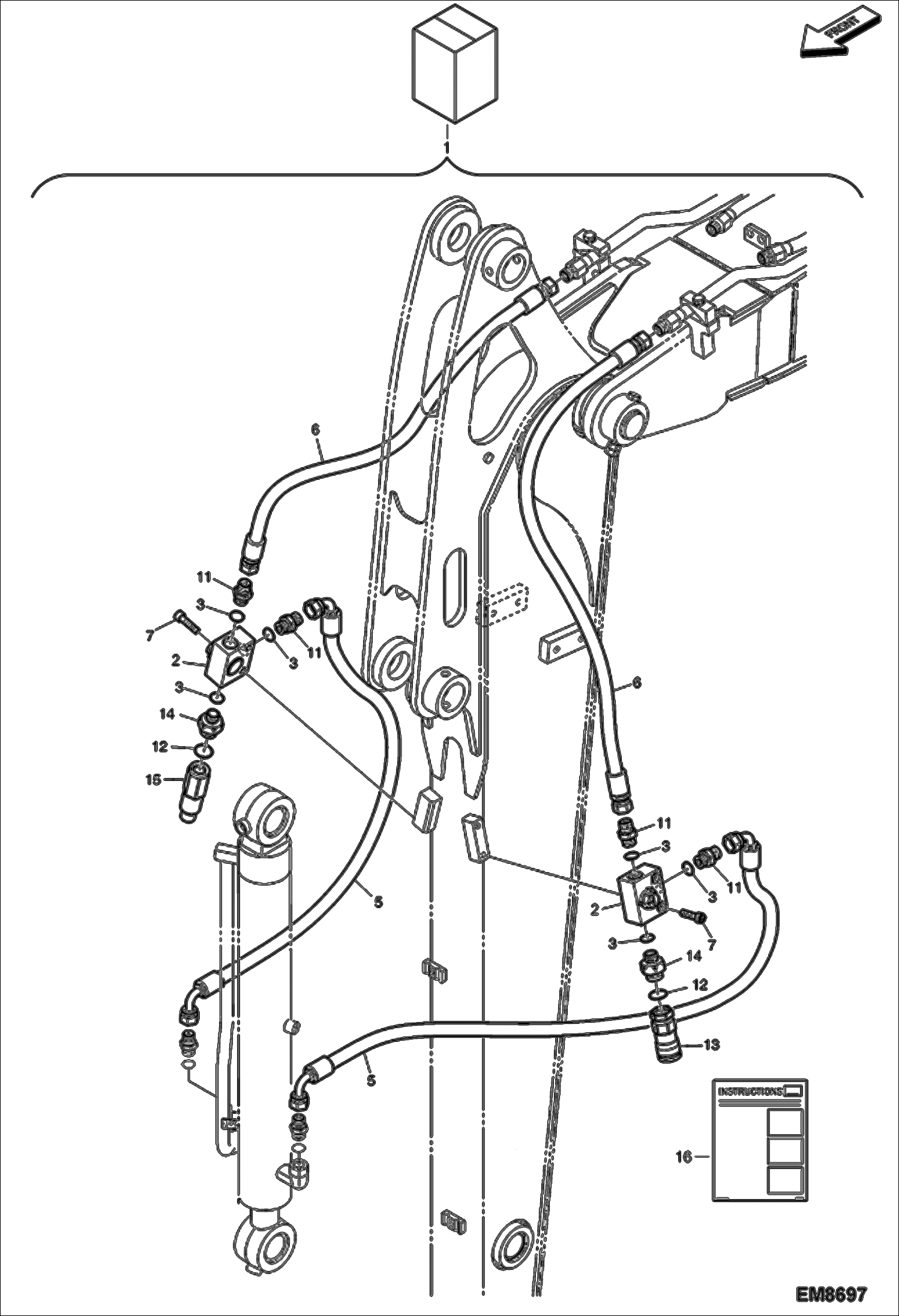 Схема запчастей Bobcat E60 - 3RD AUXILIARY HYDRAULICS KIT (Arm 1.9 m) (Clamshell) ACCESSORIES & OPTIONS