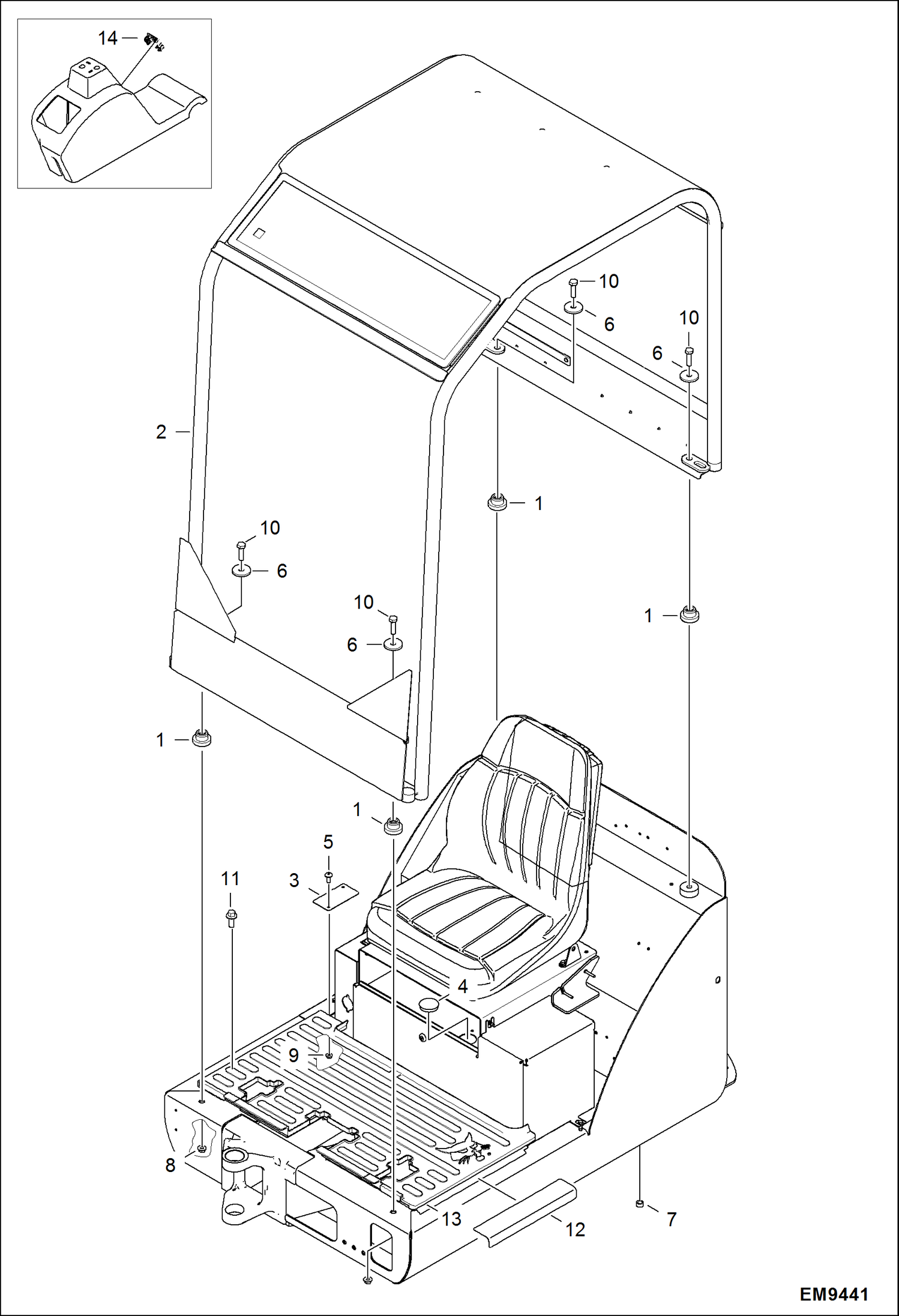 Схема запчастей Bobcat E14 - OPERATOR CANOPY (AHNM22001 & Above) MAIN FRAME