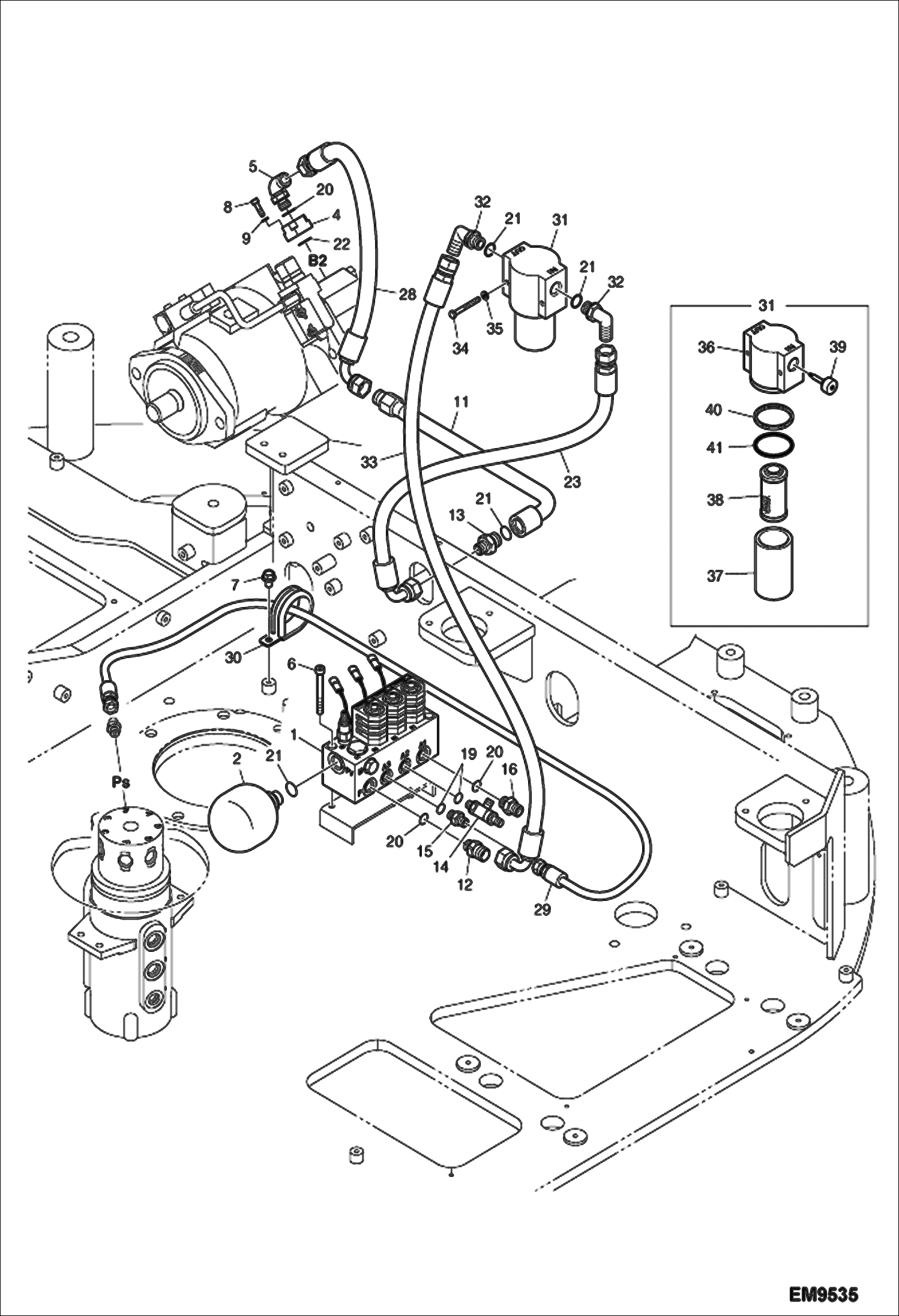 Схема запчастей Bobcat E80 - HYDRAULIC CIRCUITRY (Manifold & Pump) (W/Pilot Filter) (S/N AET311882 & Above + AETB11882 & Above) HYDRAULIC SYSTEM