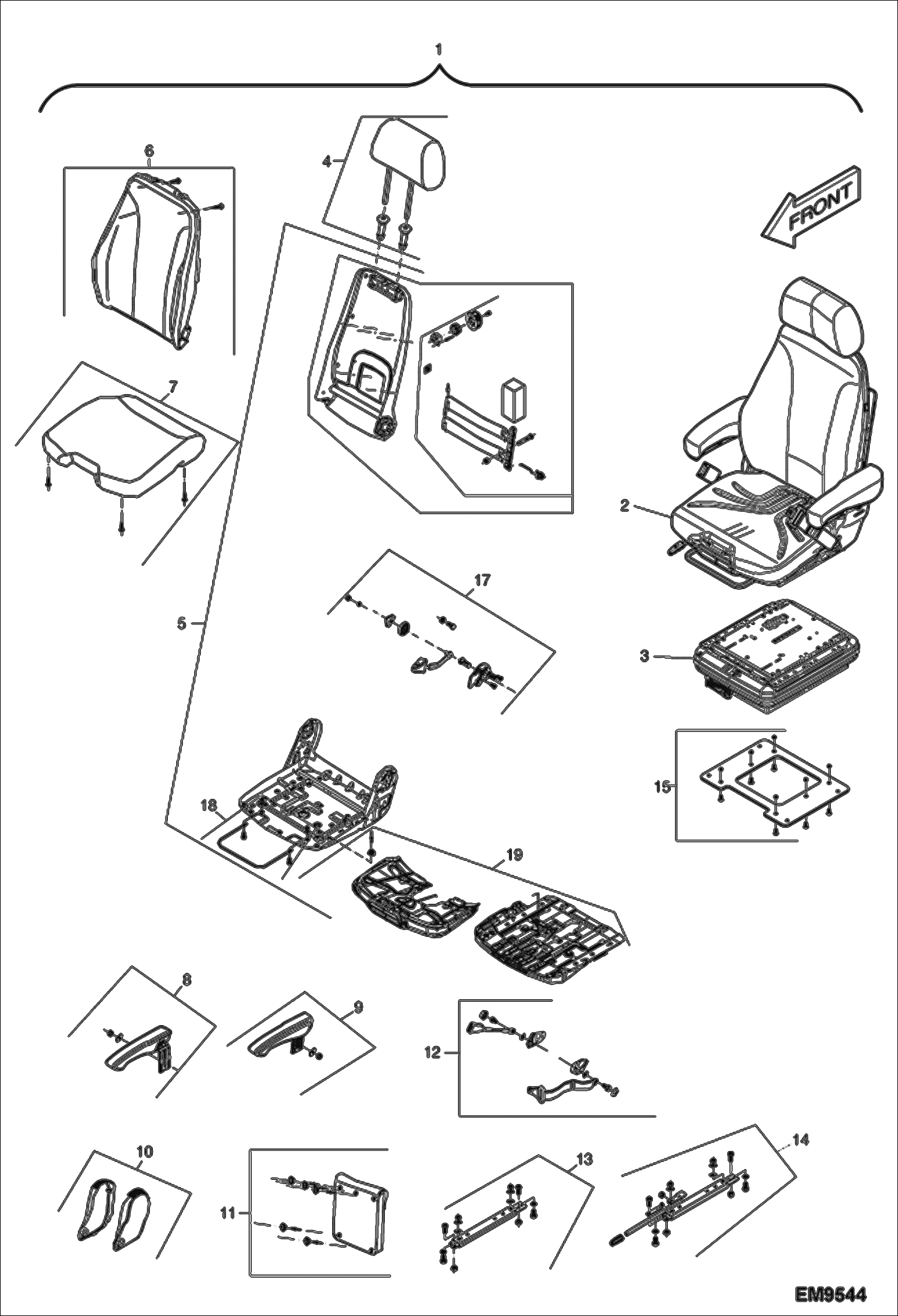 Схема запчастей Bobcat E55W - OPERATOR CAB (Seat) (AEFB11090 & Above) MAIN FRAME