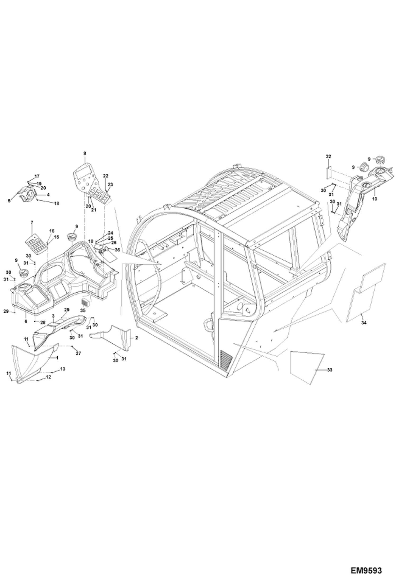 Схема запчастей Bobcat TR38160 - OPERATOR CAB (Interior Cowling) MAIN FRAME