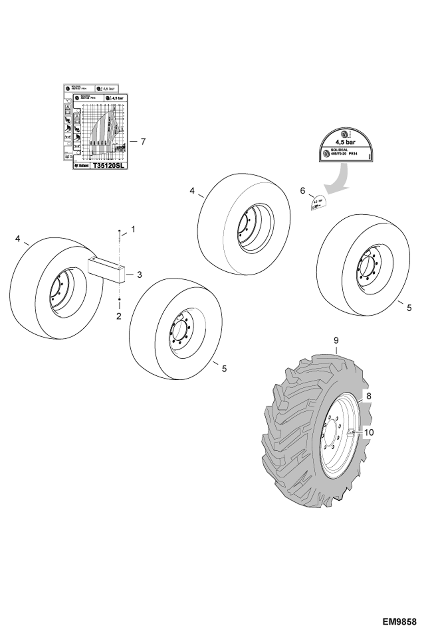 Схема запчастей Bobcat T35100SL - WHEELS (Solideal 405/70-20 PR14) ACCESSORIES & OPTIONS