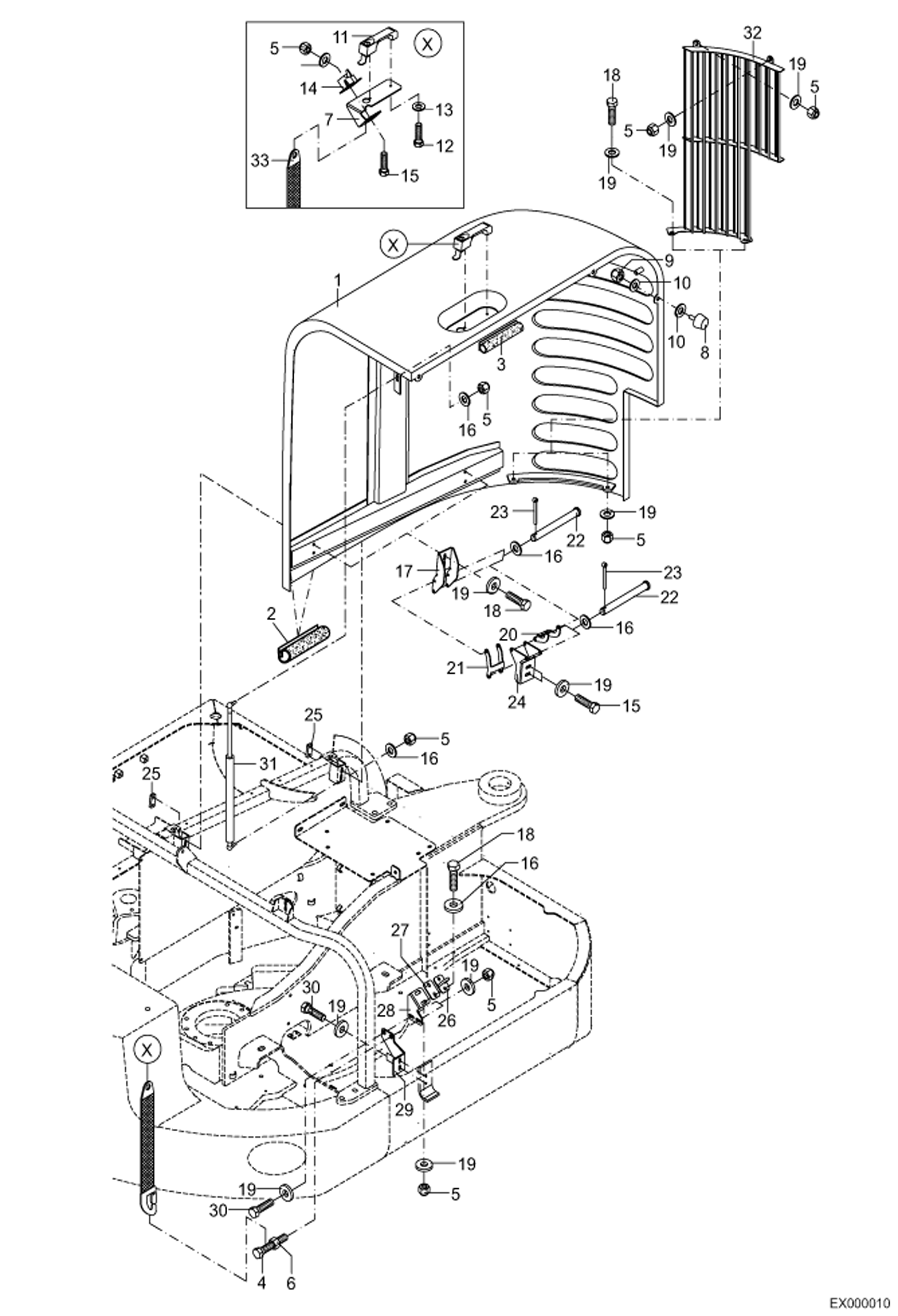 Схема запчастей Bobcat 444 - ENGINE HOOD MAIN FRAME