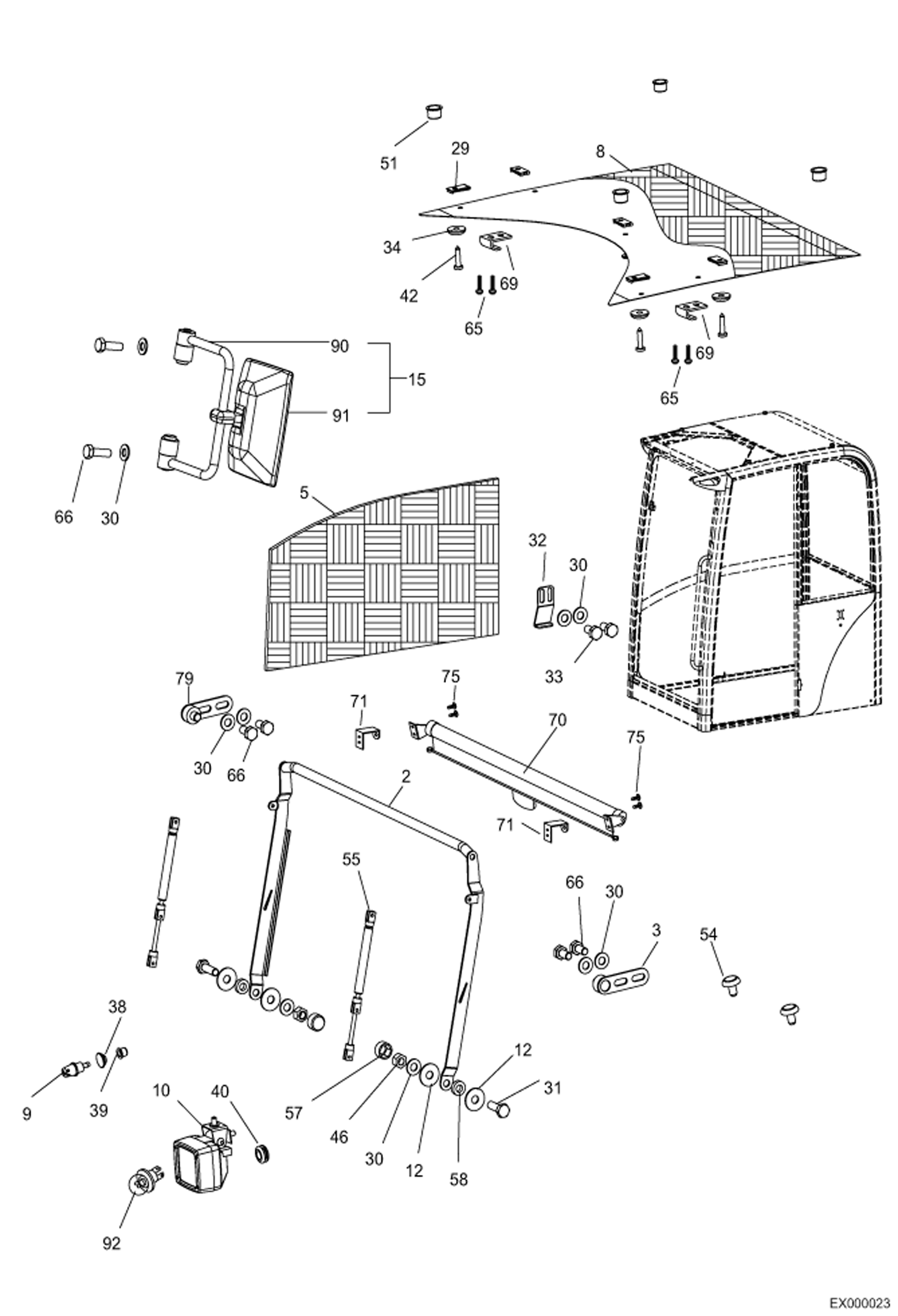 Схема запчастей Bobcat 444 - CAB EQUIPMENT 2 CAB - S/N 202.031.069 & Below MAIN FRAME