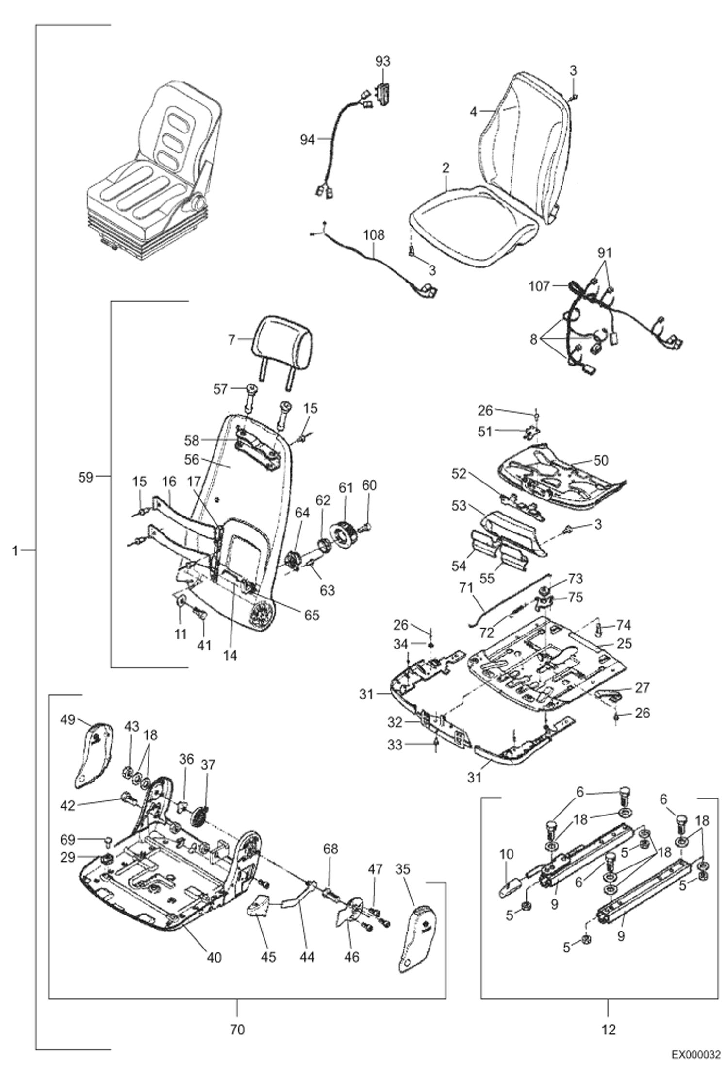 Схема запчастей Bobcat 444 - SEAT - MSG95 WITH SEAT HEATING MAIN FRAME