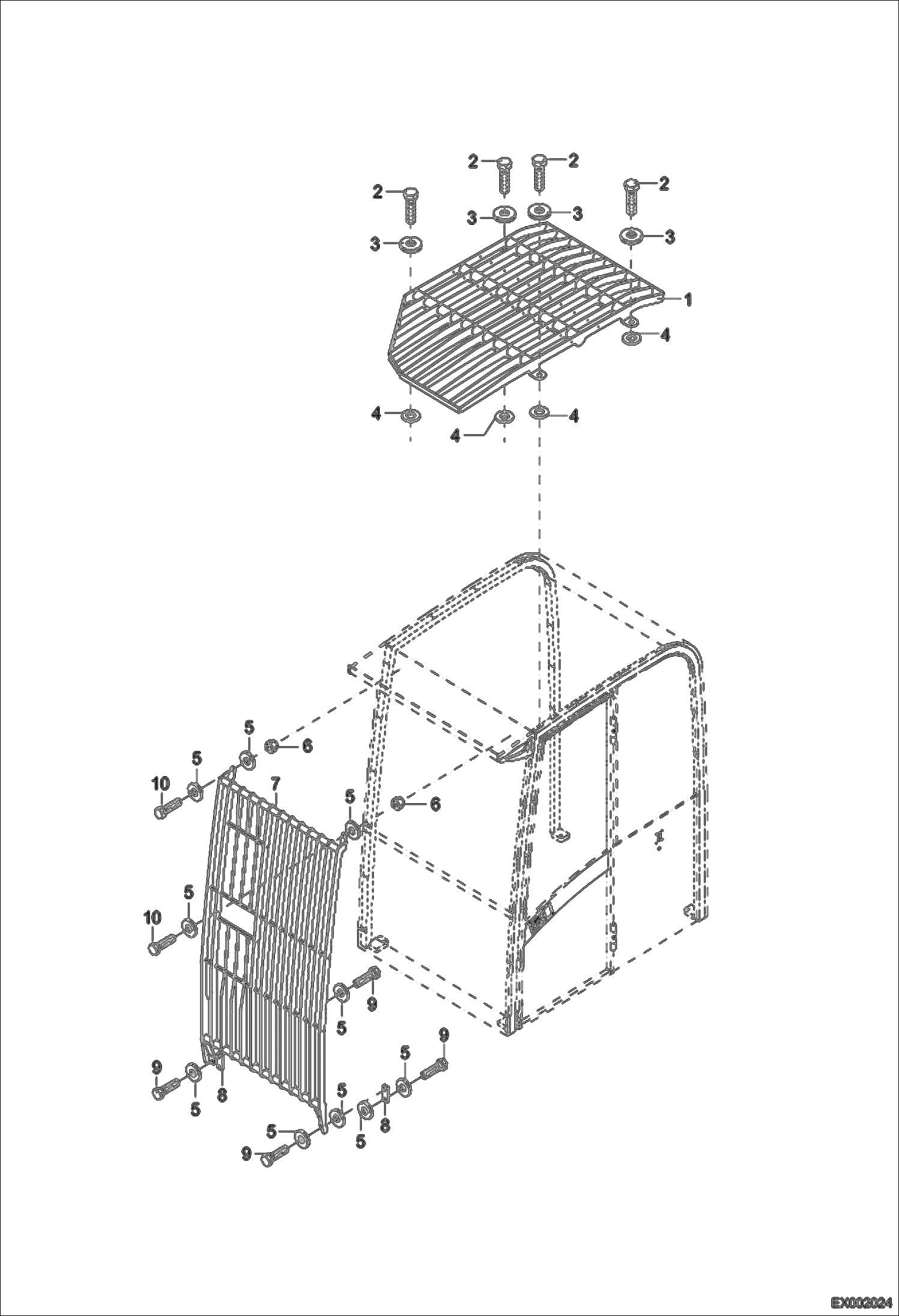 Схема запчастей Bobcat 444 - PROTECTION GRID - CAB ROOF MAIN FRAME