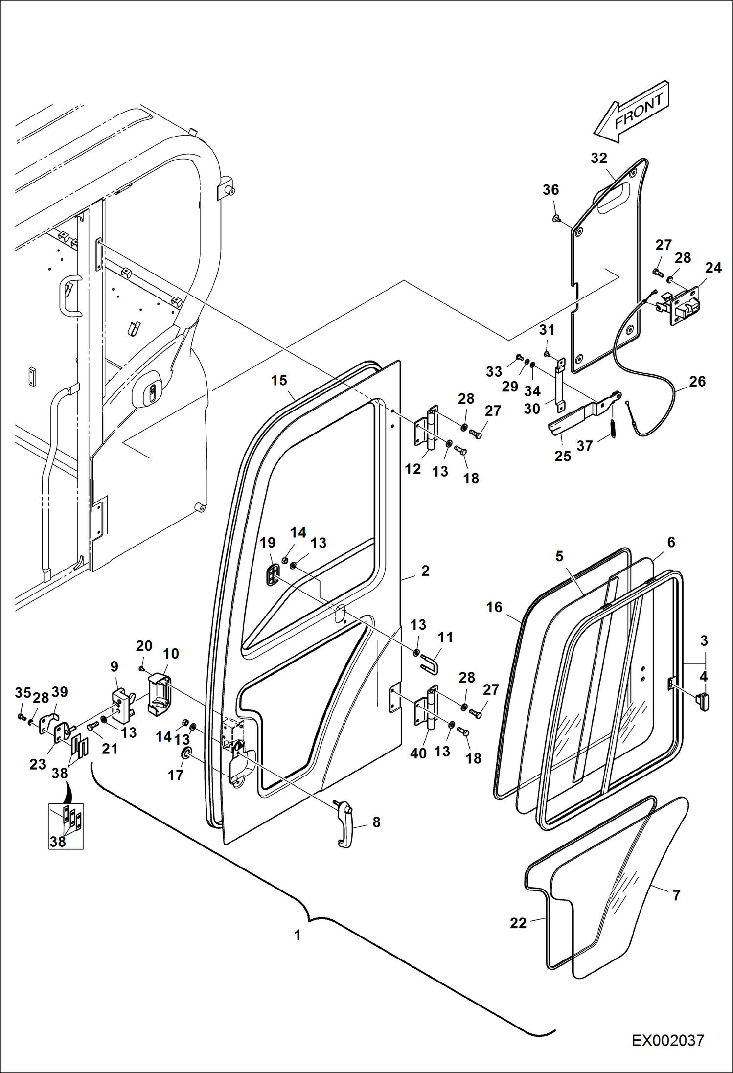 Схема запчастей Bobcat E55W - OPERATOR CAB (Door & Windows) MAIN FRAME