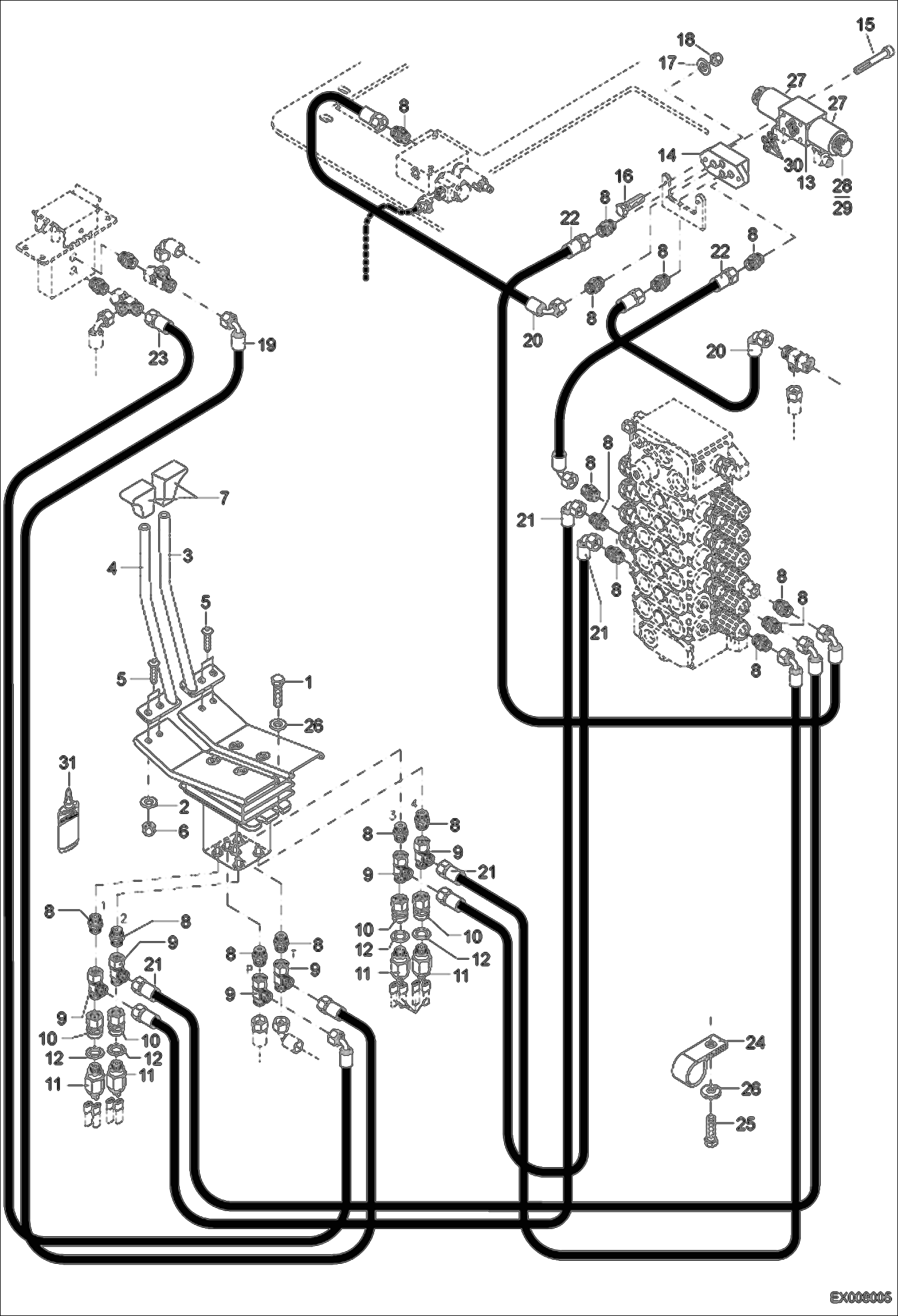 Схема запчастей Bobcat 442 - PILOT CONTROL - TRAVEL, ADDITIONAL OUTLET HYDRAULIC SYSTEM