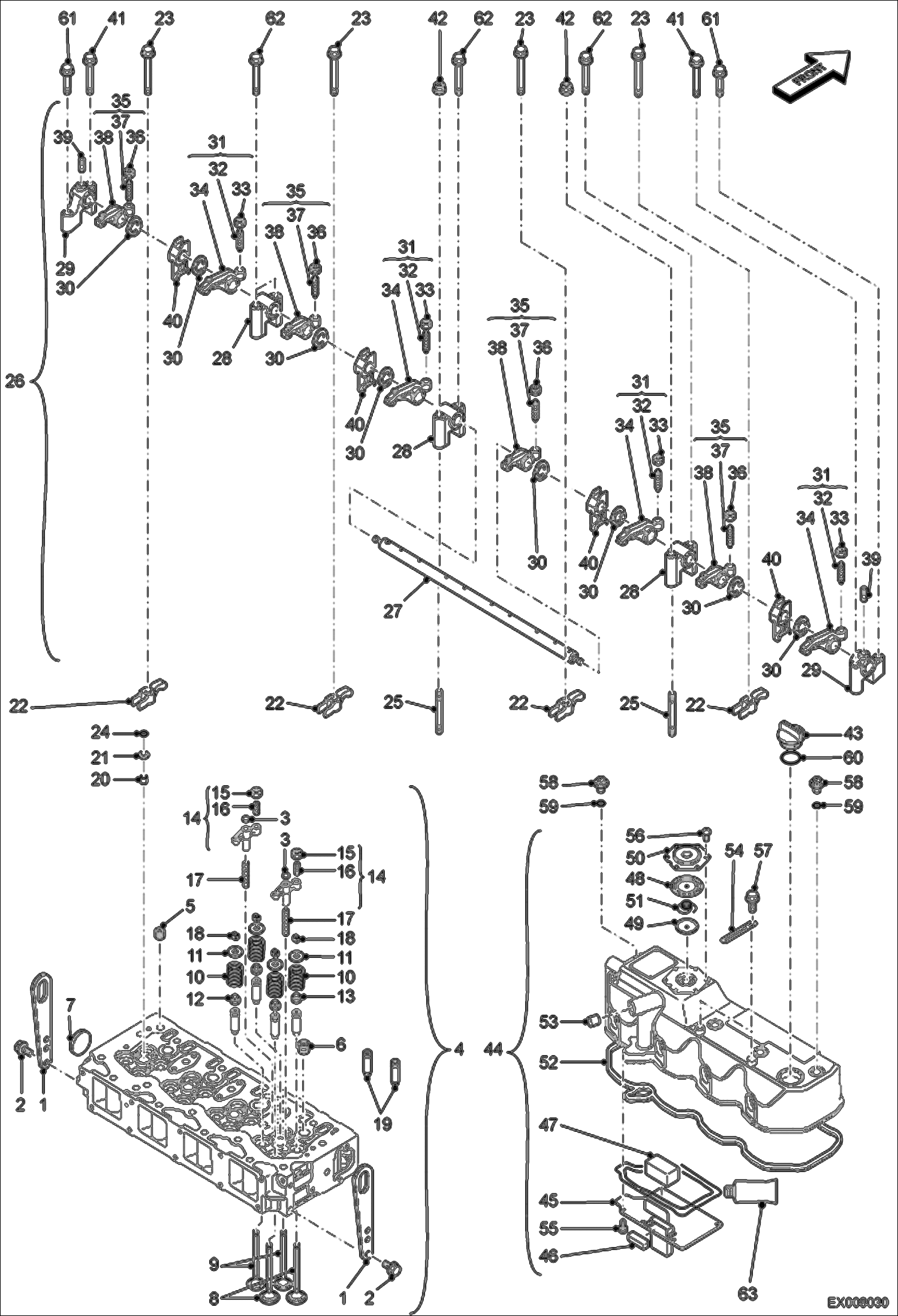 Схема запчастей Bobcat E55W - CYLINDER HEAD, VALVE & ROCKER ARMS & COVER POWER UNIT