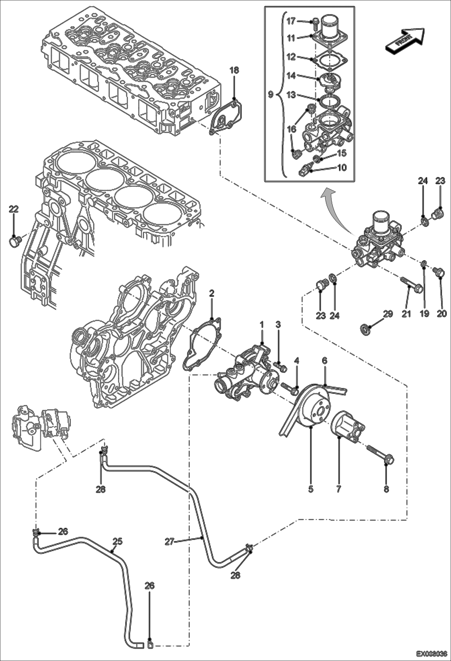 Схема запчастей Bobcat E55W - WATER PUMP & THERMOSTAT POWER UNIT