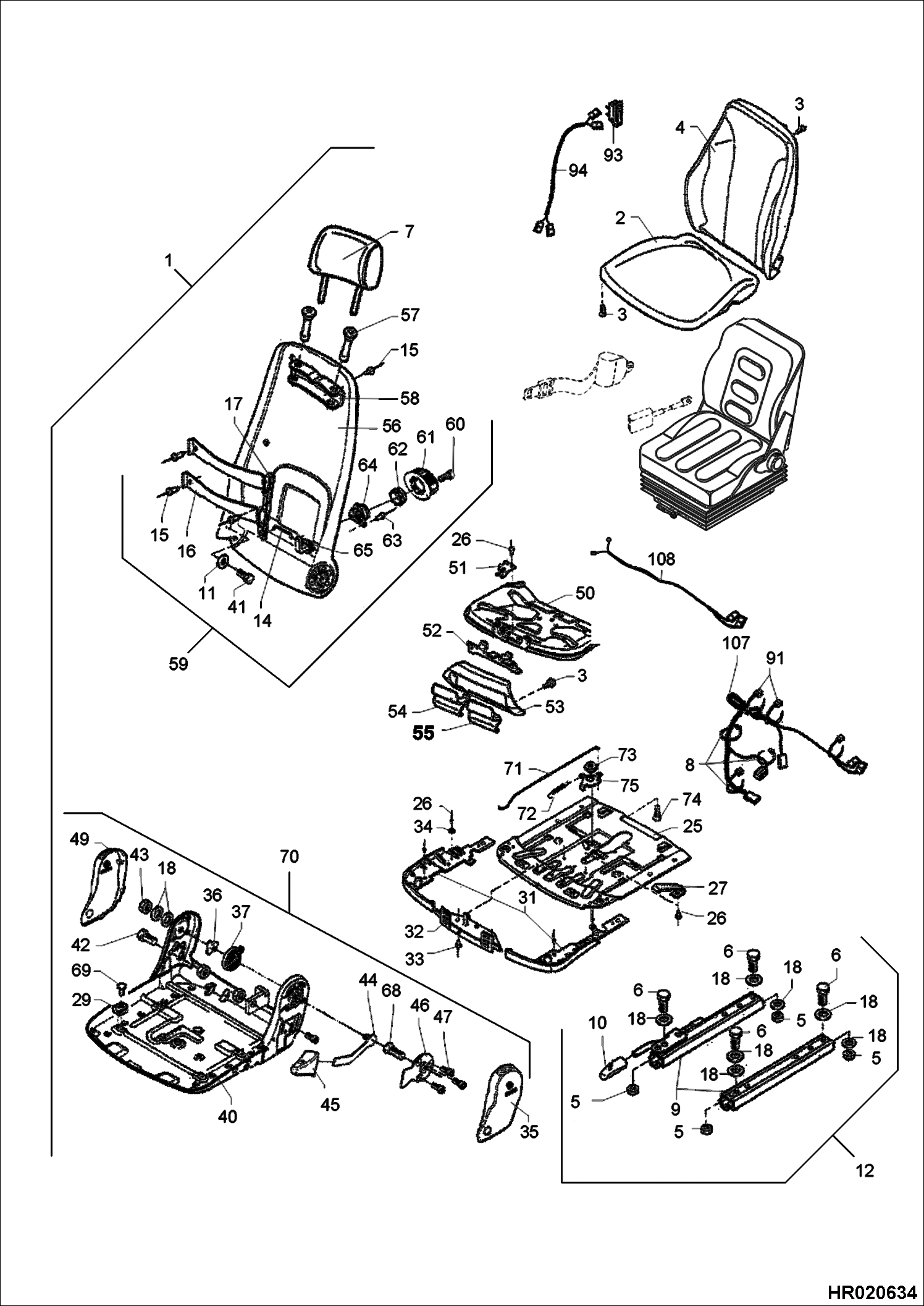 Схема запчастей Bobcat 442 - OPERATORS SEAT - MSG95 WITH SEAT HEATING MAIN FRAME