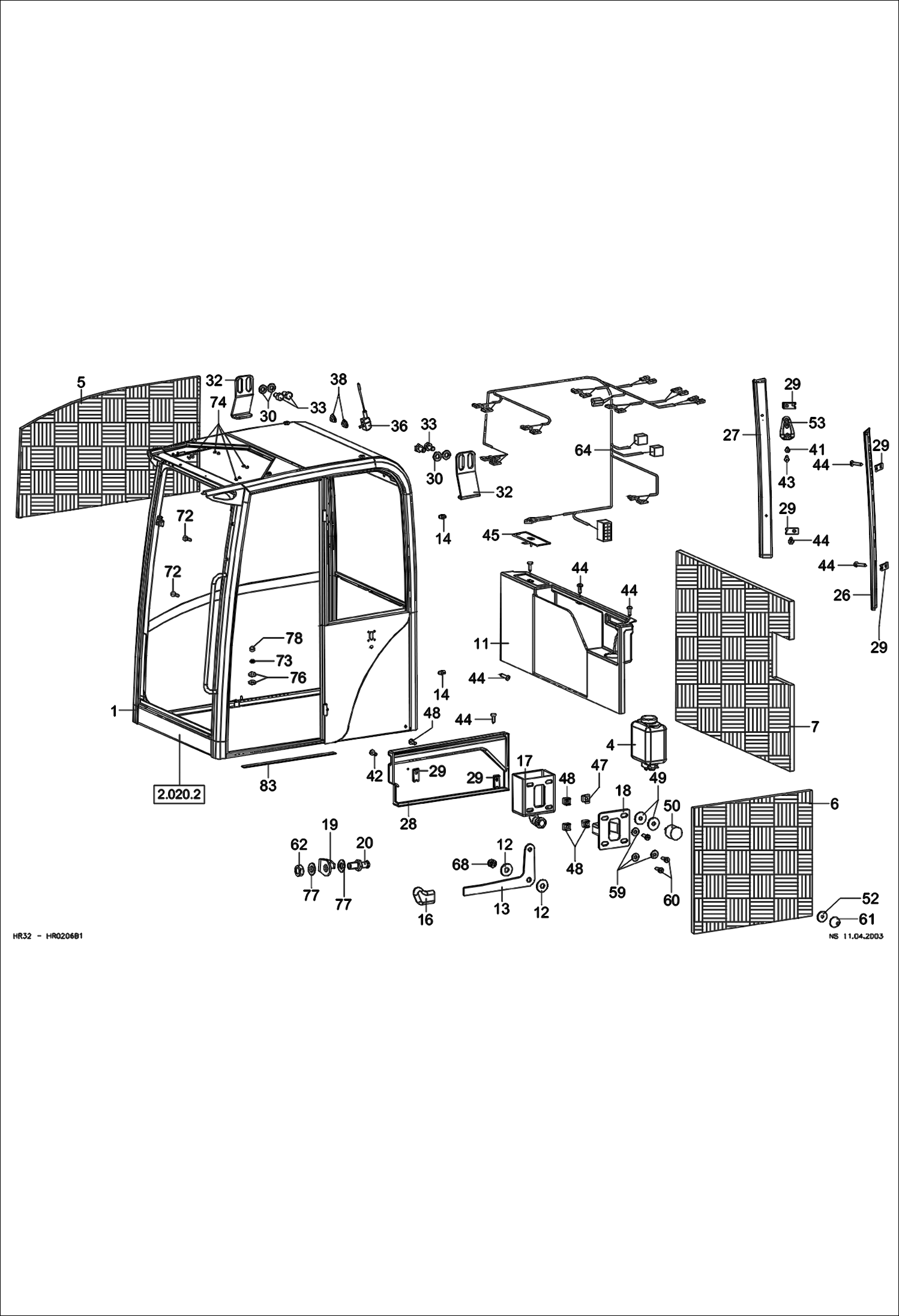 Схема запчастей Bobcat 442 - OPERATOR CAB - CEMENTED PANES - EQUIPMENT 1 MAIN FRAME