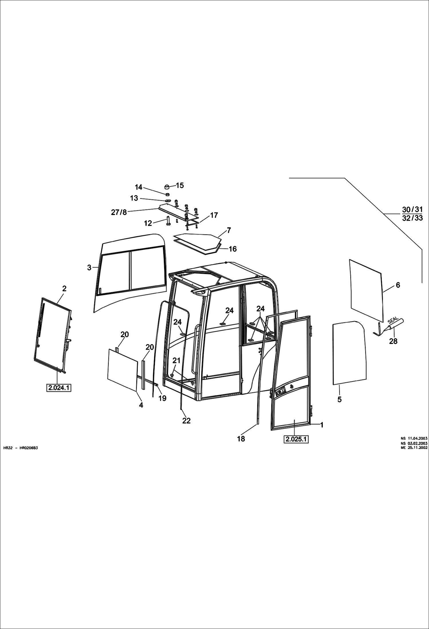 Схема запчастей Bobcat 442 - OPERATOR CAB - CEMENTED PANES - GLASS MAIN FRAME