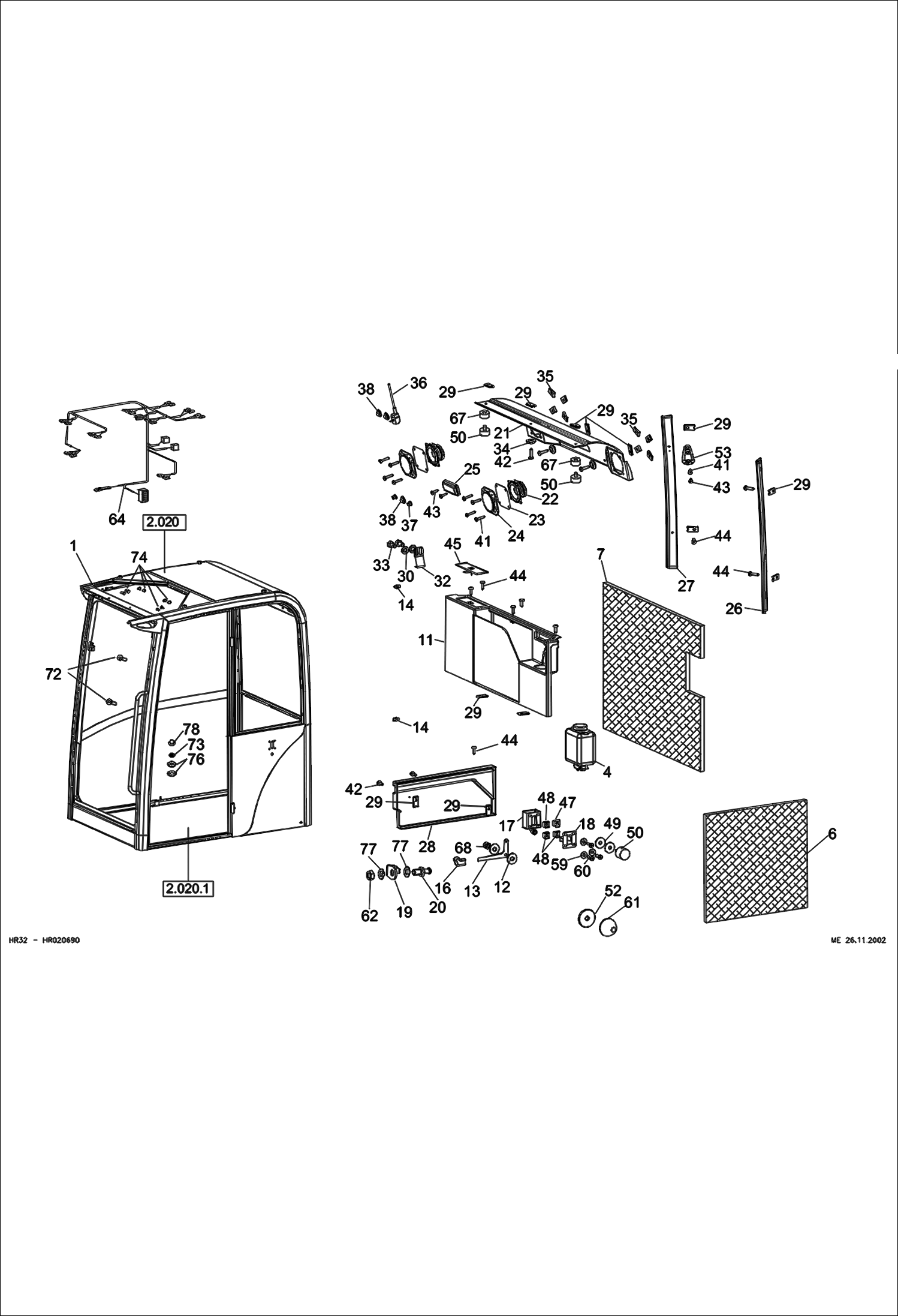 Схема запчастей Bobcat 442 - OPERATOR CAB - CEMENTED - EQUIPMENT 1 MAIN FRAME