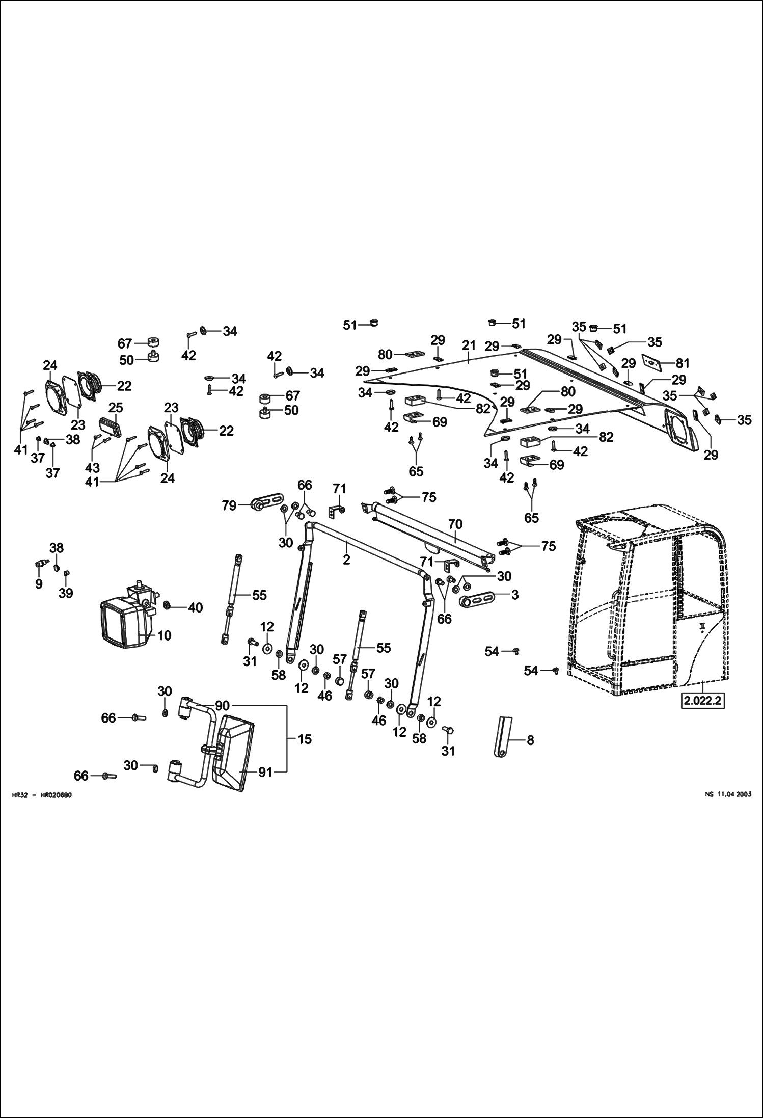 Схема запчастей Bobcat 442 - OPERATOR CAB - CEMENTED PANES - EQUIPMENT 2 MAIN FRAME