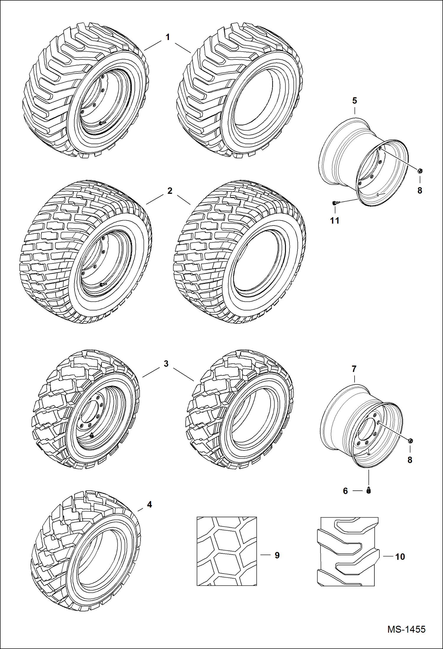 Схема запчастей Bobcat 800s - TIRES & RIMS (Pneumatic Tire) ACCESSORIES & OPTIONS