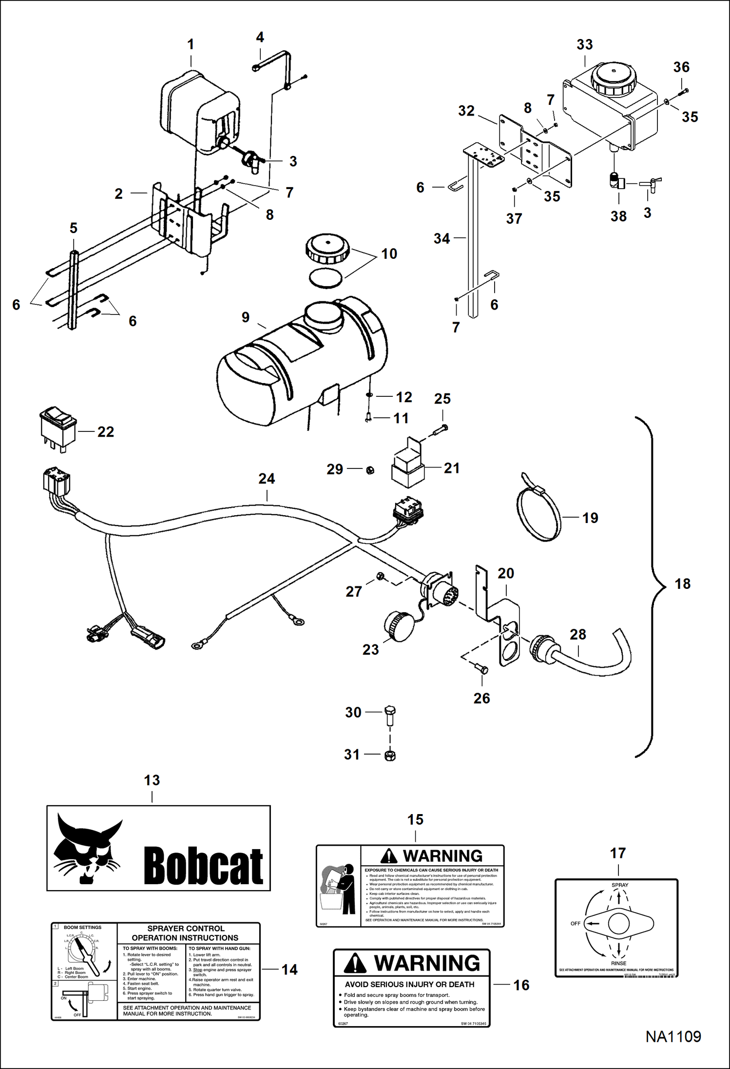 Схема запчастей Bobcat SPRAYER - SPRAYER (Rinse Tanks, Electrical & Decals) (80 gal A7F2) Loader