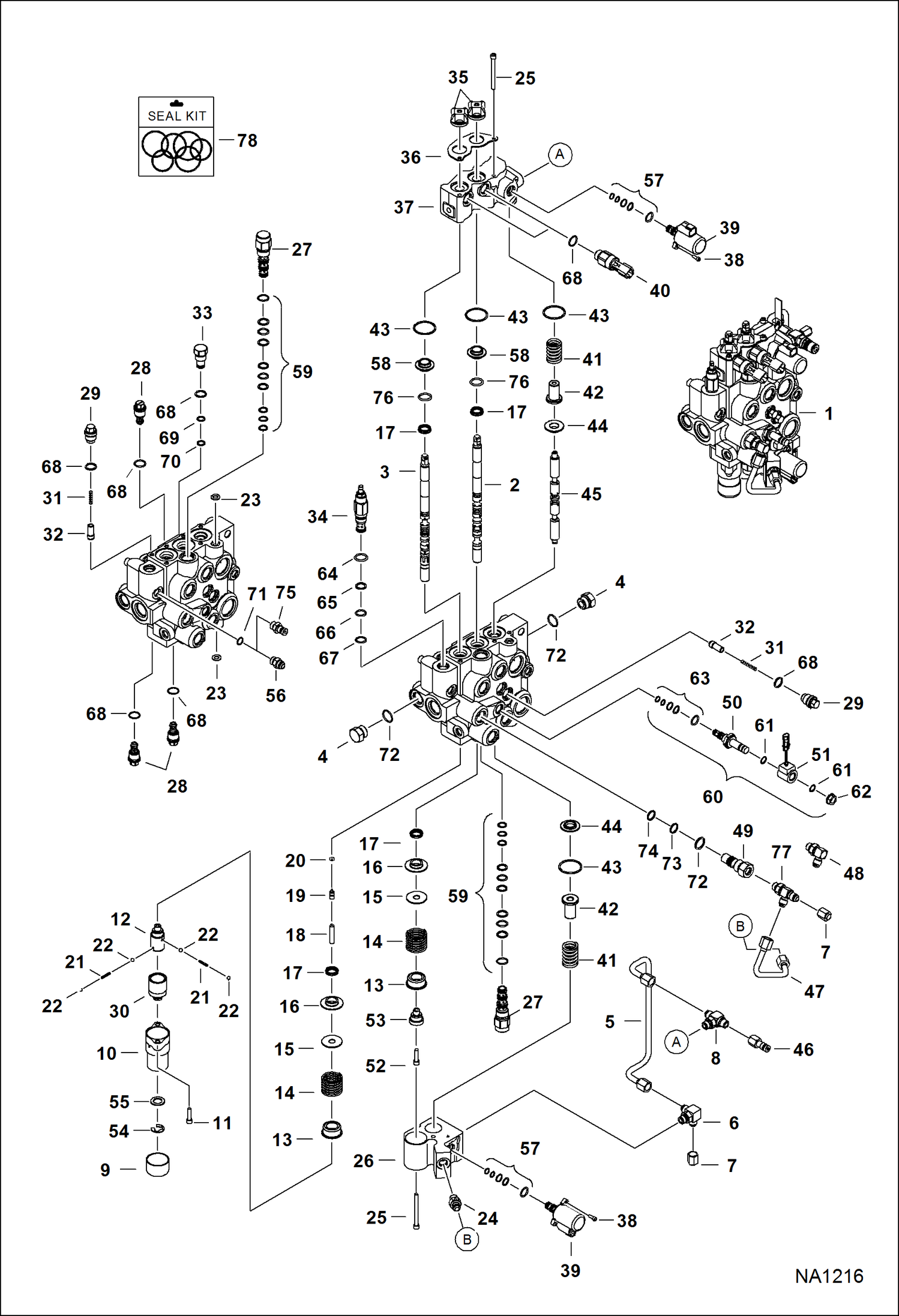 Схема запчастей Bobcat S-Series - HYDRAULIC CONTROL VALVE (Manual Controls) (Two Piece Detent Block) (S/N A3NT11001 - 15228, A3NU11001 - 12261) HYDRAULIC SYSTEM