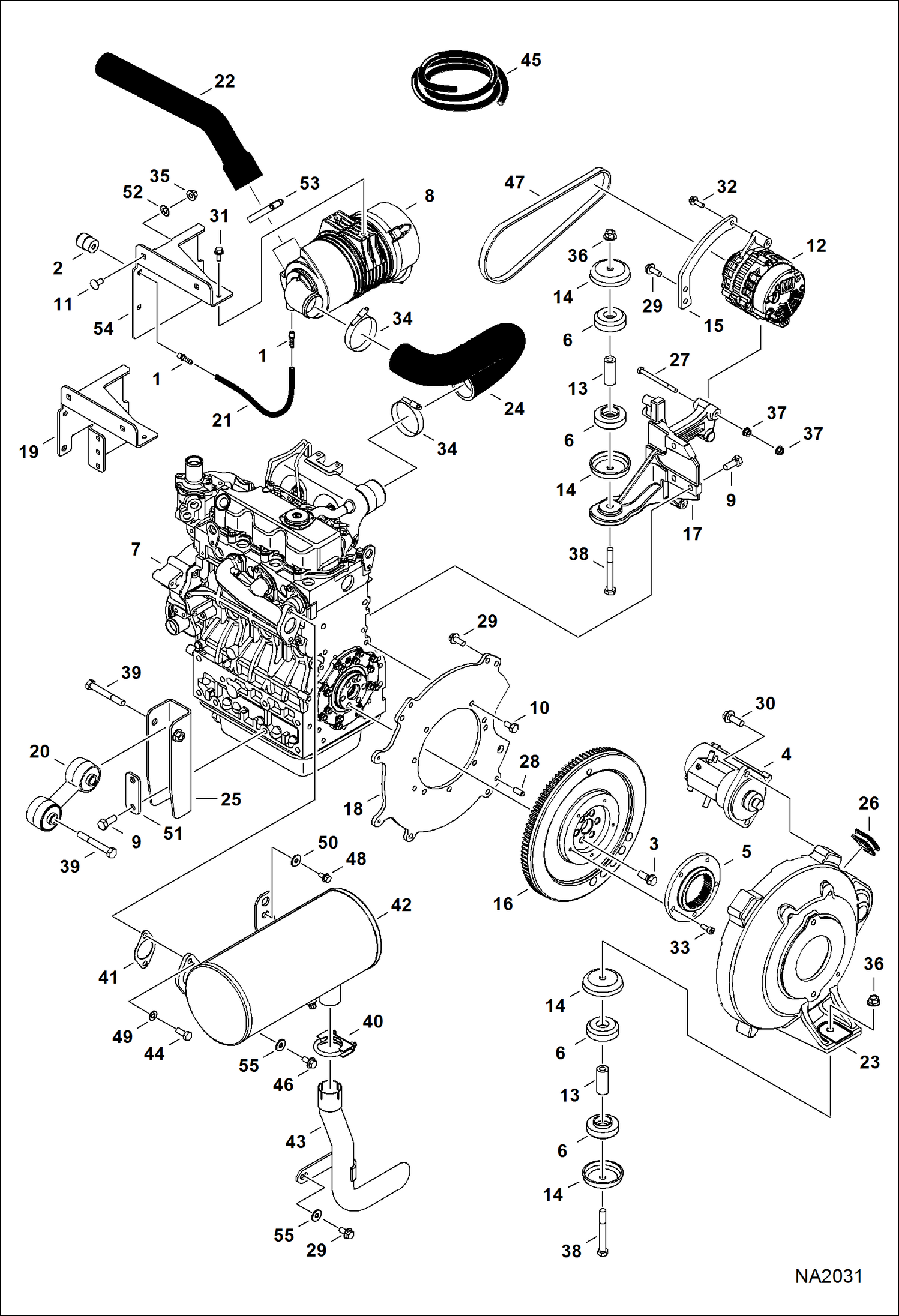 Схема запчастей Bobcat E32 - ENGINE & ATTACHING PARTS (Air Cleaner, Muffler, Engine Mounts) POWER UNIT