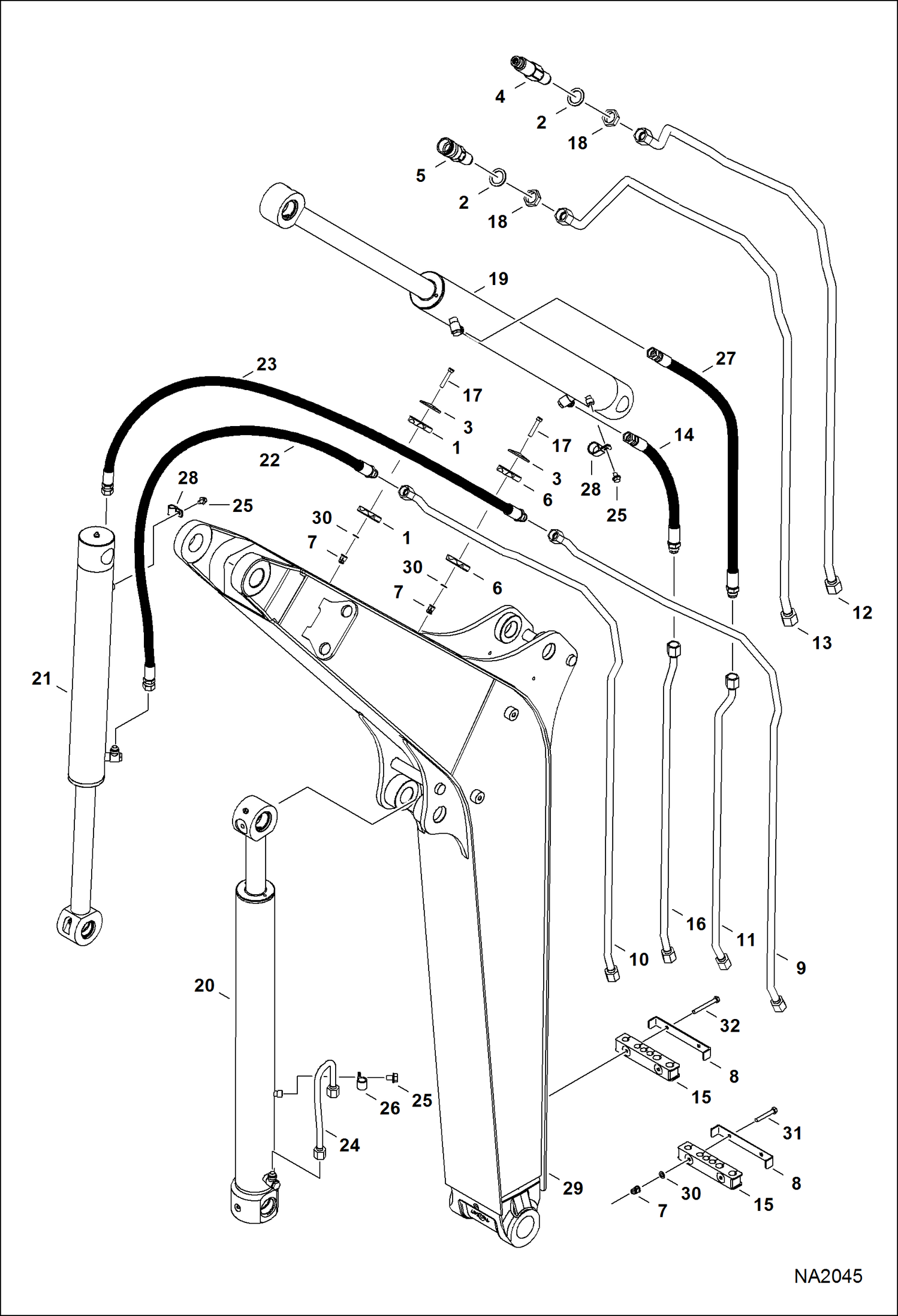 Схема запчастей Bobcat E32 - HYDRAULIC CIRCUITRY (Work Tubelines & Cylinders) HYDRAULIC SYSTEM